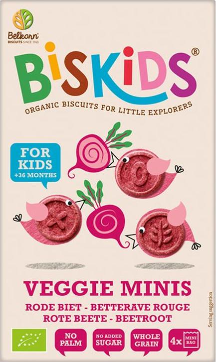 Belkorn BISkids BIO dětské celozrnné mini sušenky s červenou řepou bez přidaného cukru 120g