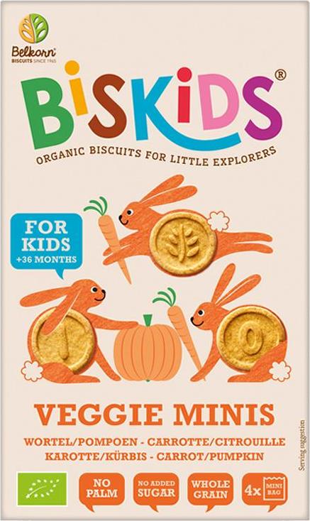 Belkorn BISkids BIO dětské celozrnné mini sušenky s mrkví a dýní bez přidaného cukru 120g