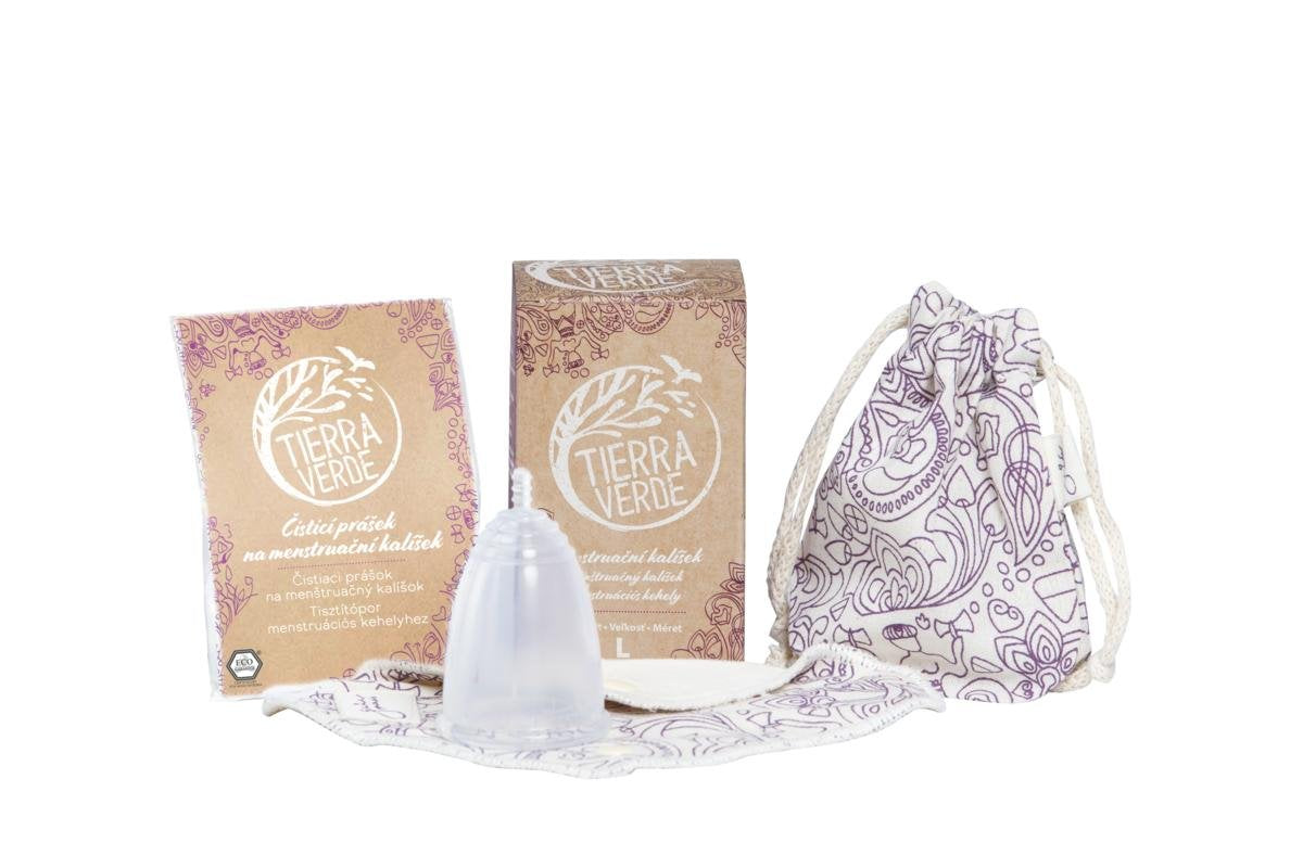 Tierra Verde Menstruační kalíšek Gaia Cup velký - balení včetně slipové vložky a čističe Tierra Verde