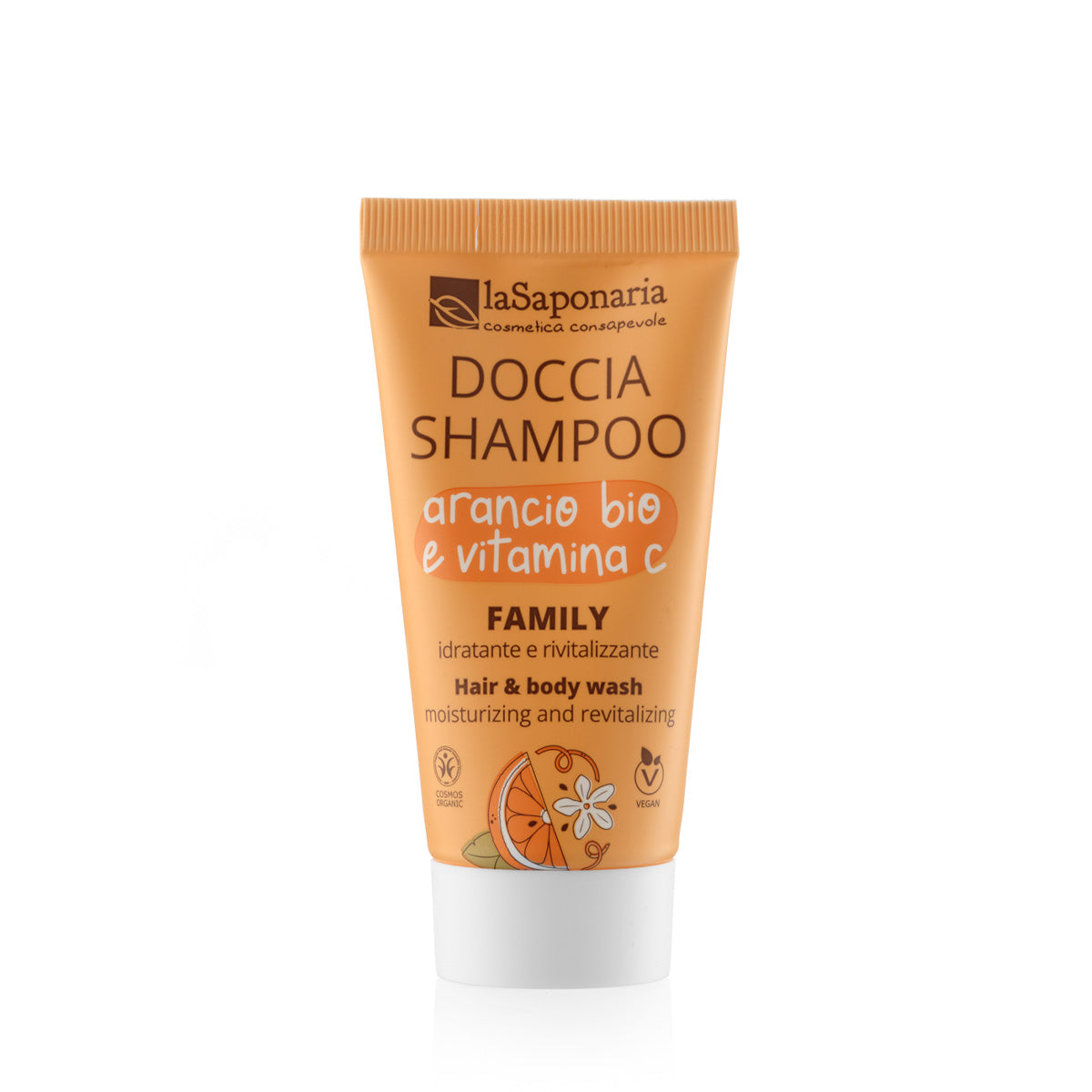 laSaponaria Sprchový gel a šampon 2v1 s BIO pomerančem a vit. C pro celou rodinu - 30 ml - se sladkou a povzbuzující vůní laSaponaria