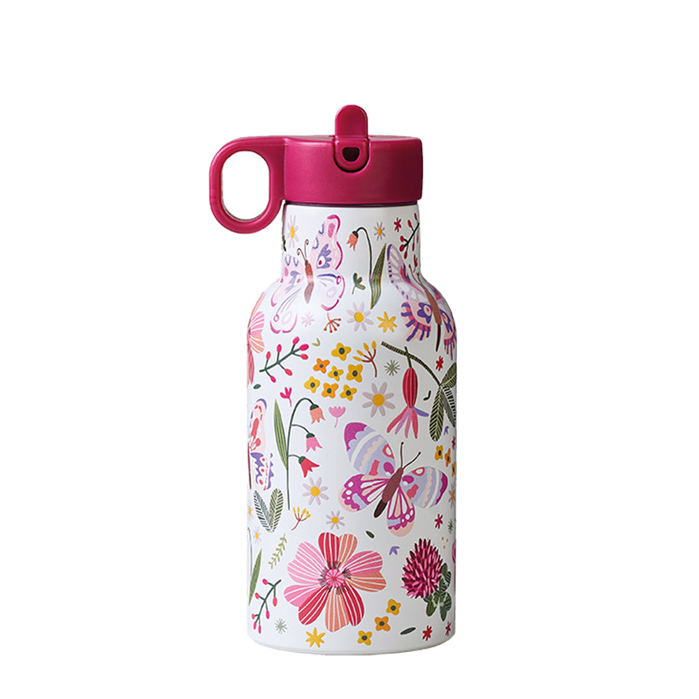 Bioloco Dětská nerezová termolahev s brčkem (350 ml) - Motýlci - udrží nápoj teplý 10 h / studený 24 h Bioloco