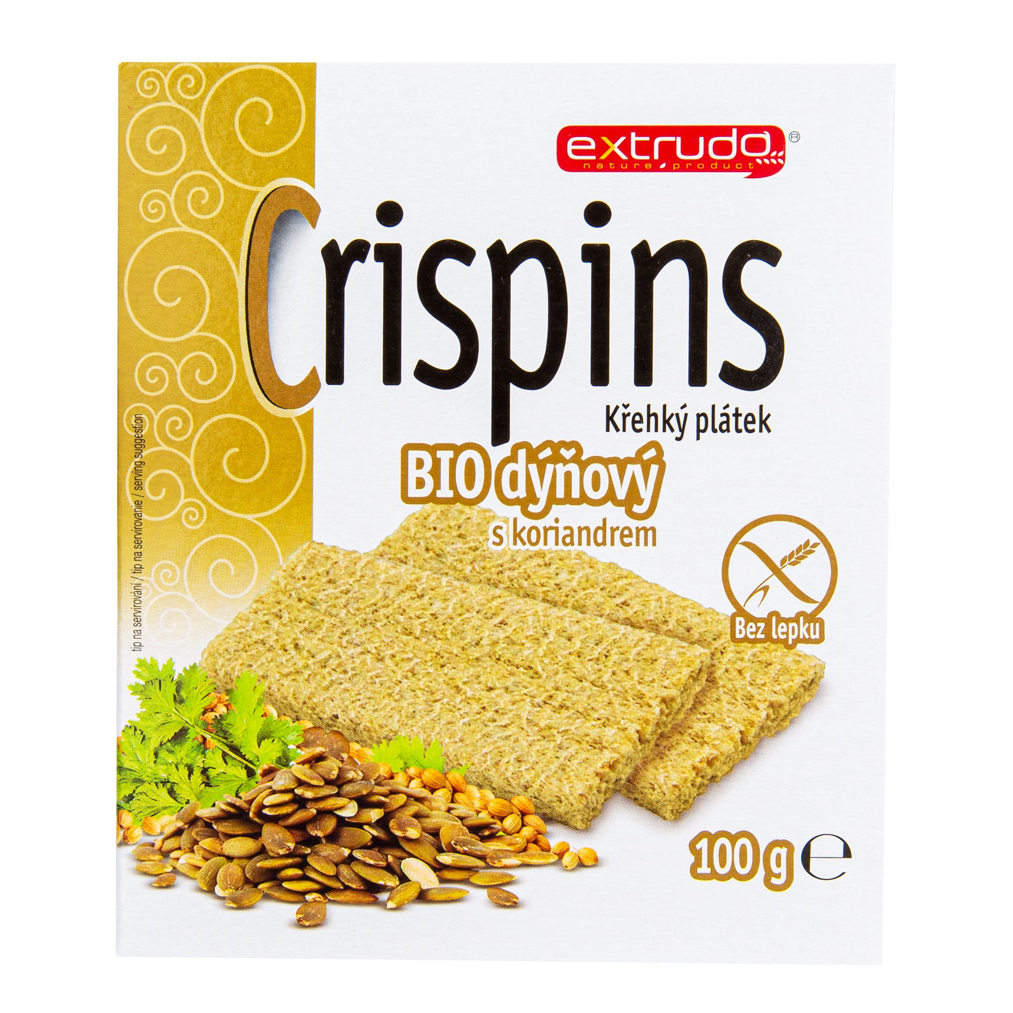 Chlebíček dýňový s koriandrem Crispins bezlepkový 100 g BIO   EXTRUDO Extrudo