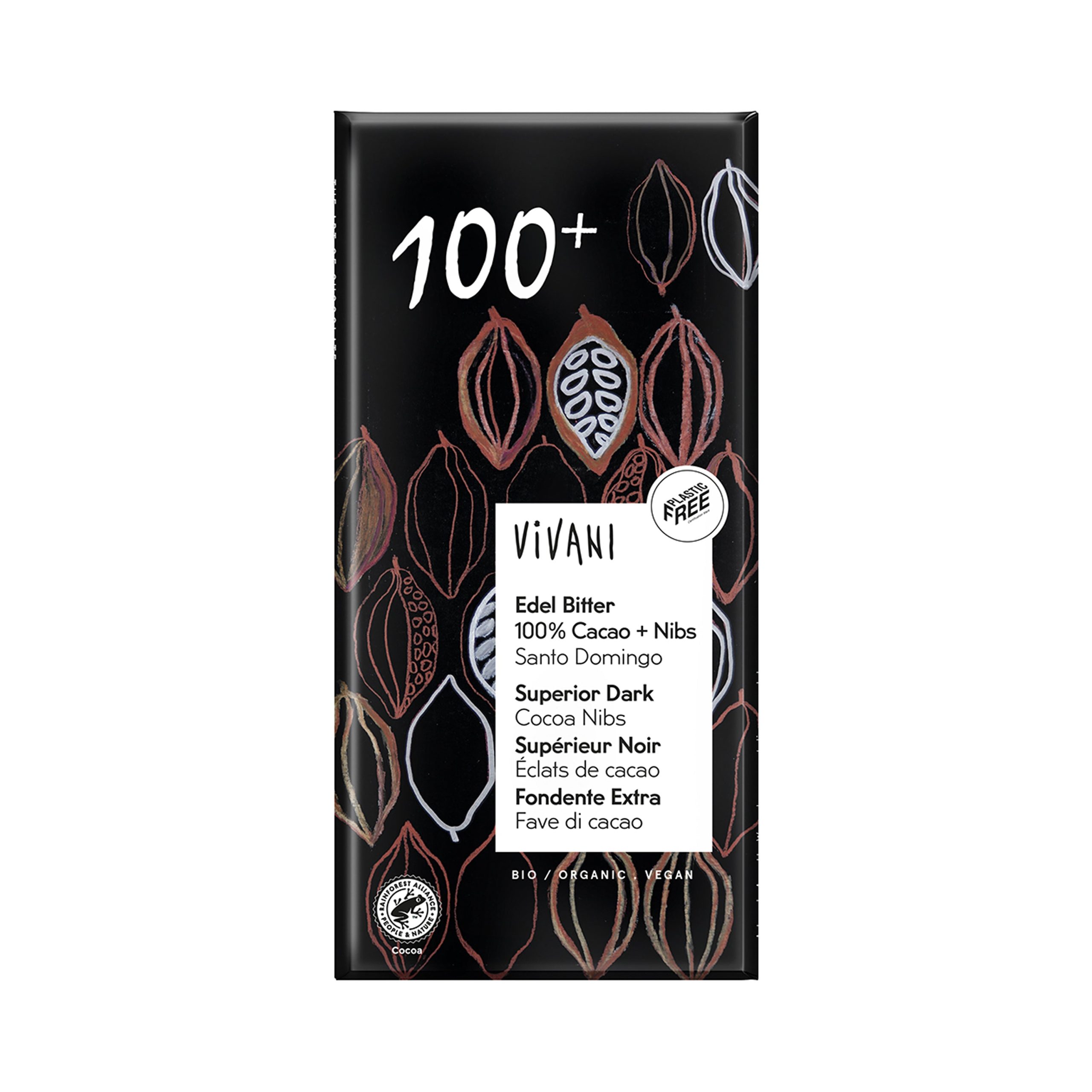 Hořká s kousky kakaa 100 % 80 g BIO   VIVANI Vivani