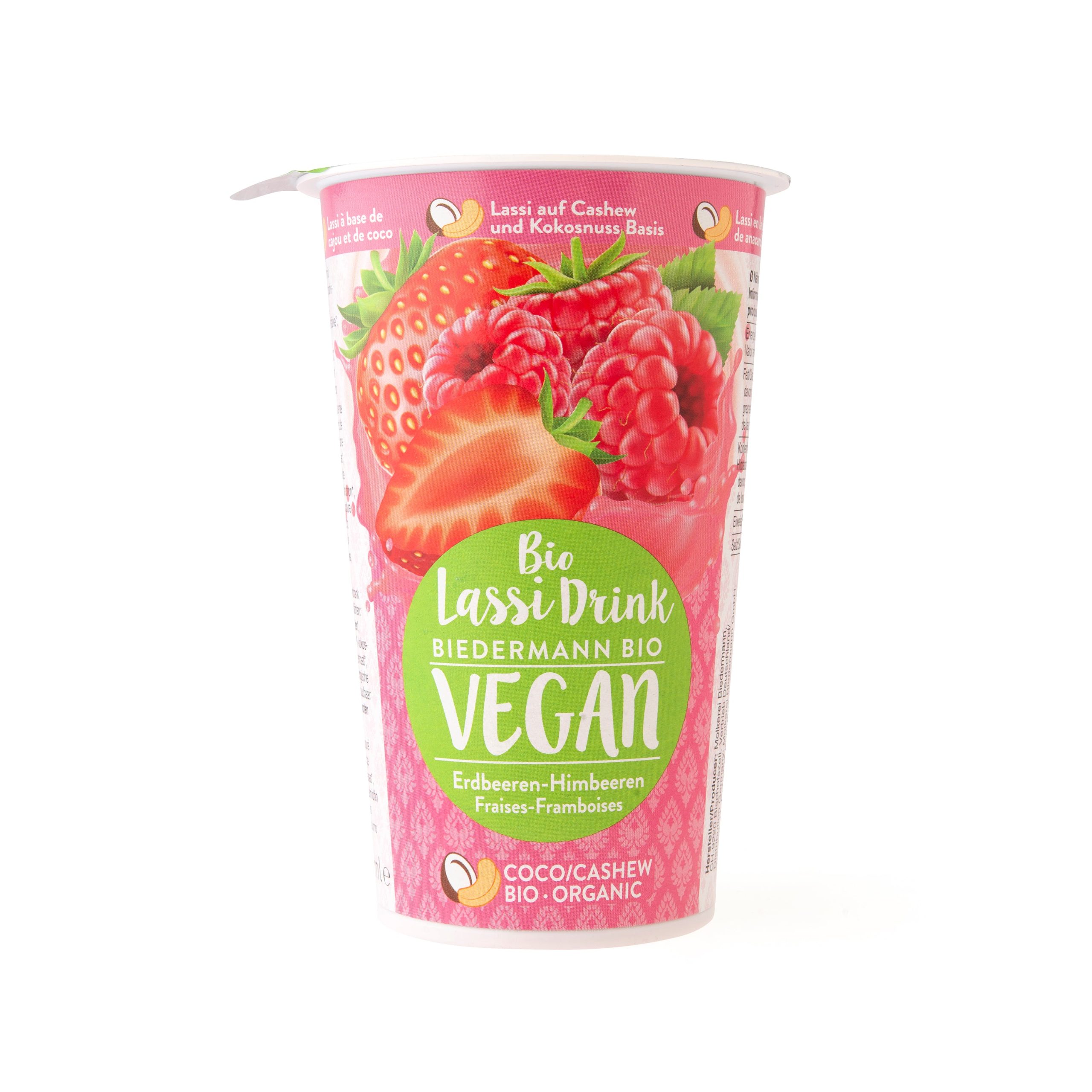 Nápoj lassi s jahodovo-malinovým pyré vegan 230 ml BIO   BIEDERMANN Dennree