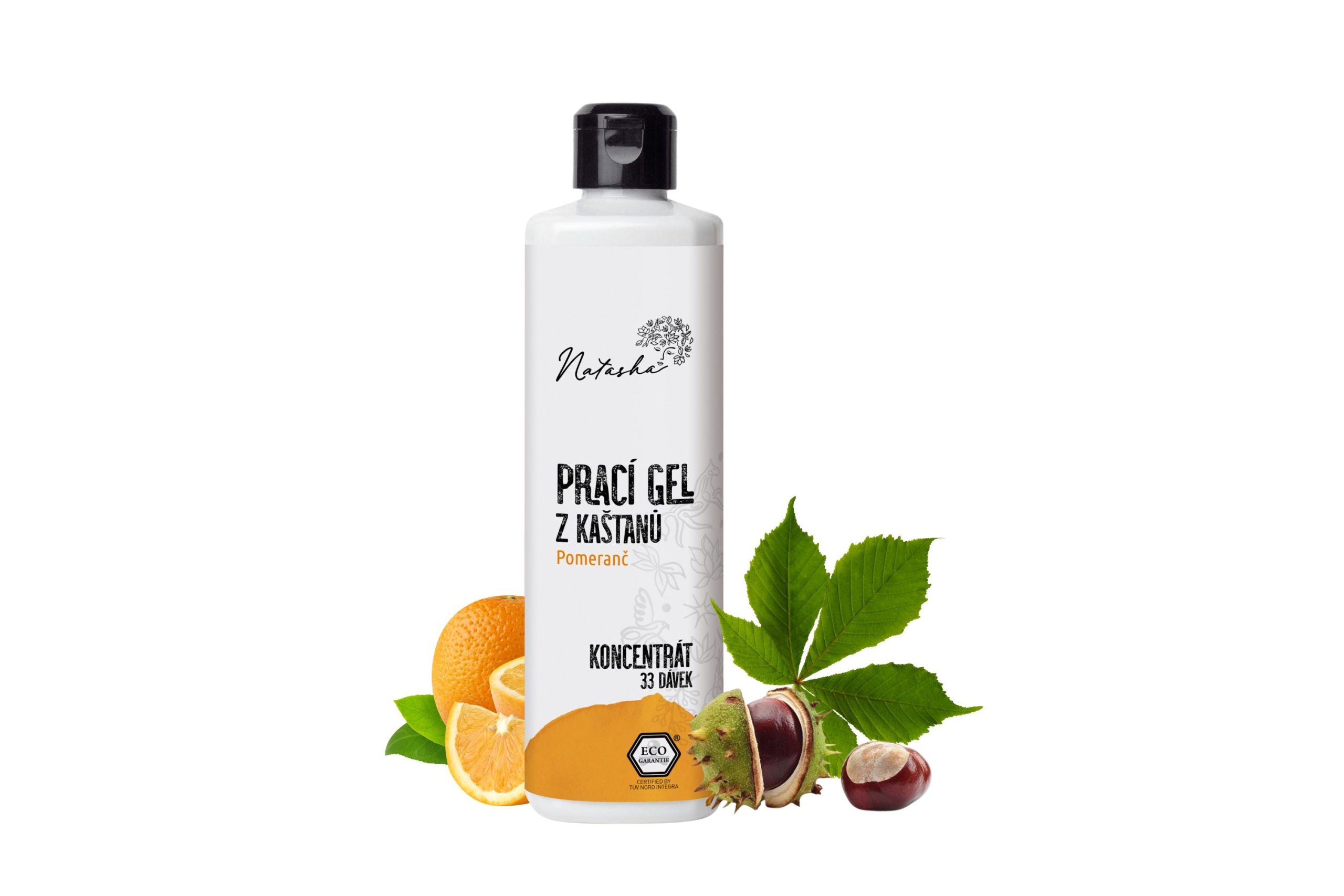Natasha Prací gel z kaštanů Pomeranč - koncentrát - 500 ml - pošk. obal - 33 pracích dávek v 500 ml Natasha