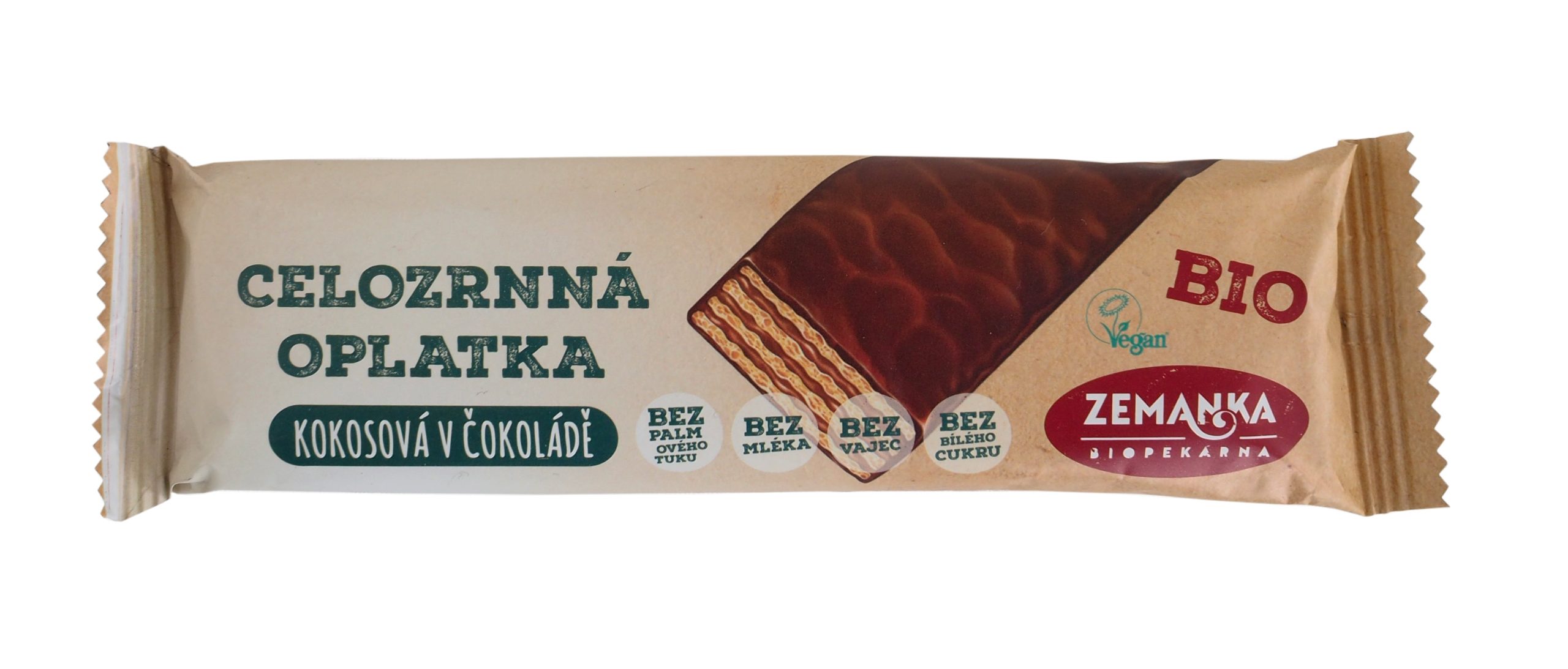 Oplatka celozrnná z jednozrnky kokosová v čokoládě 40 g BIO   ZEMANKA Biopekárna Zemanka