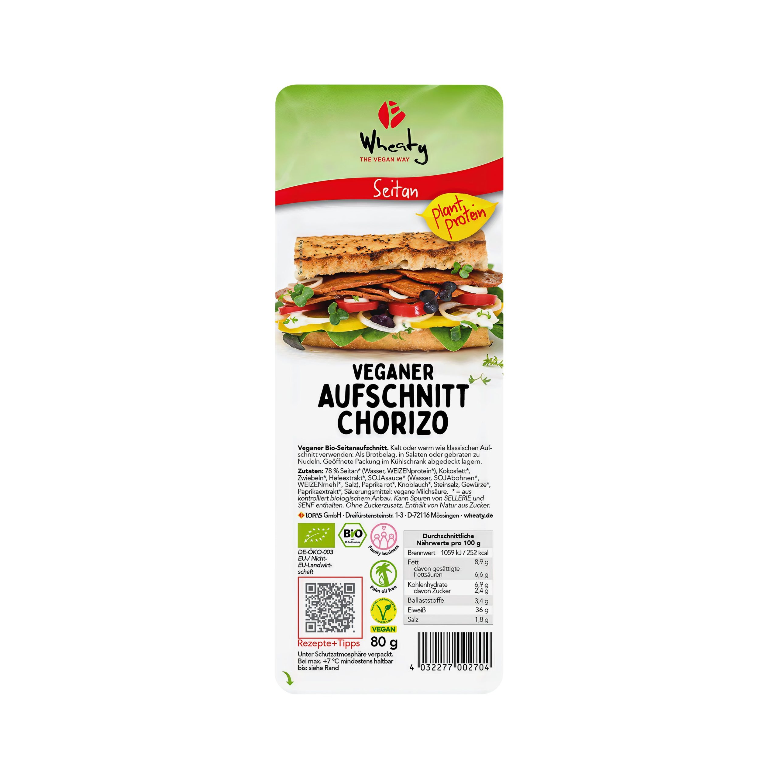 Plátky seitan s příchutí chorizo 80 g BIO   WHEATY Wheaty