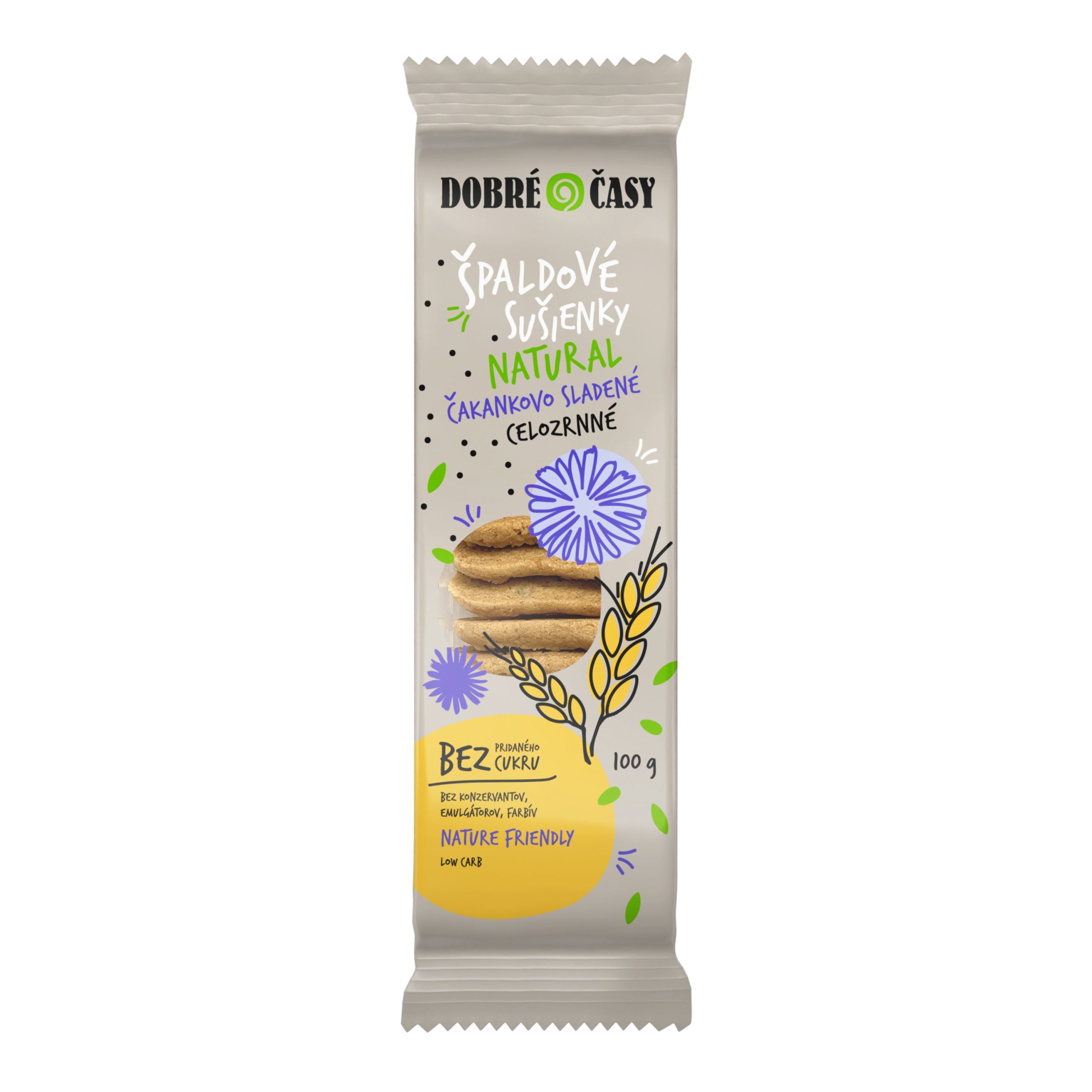 Sušenky špaldové celozrnné natural s čekankovým slazením 100 g   DOBRÉ ČASY Dobré časy