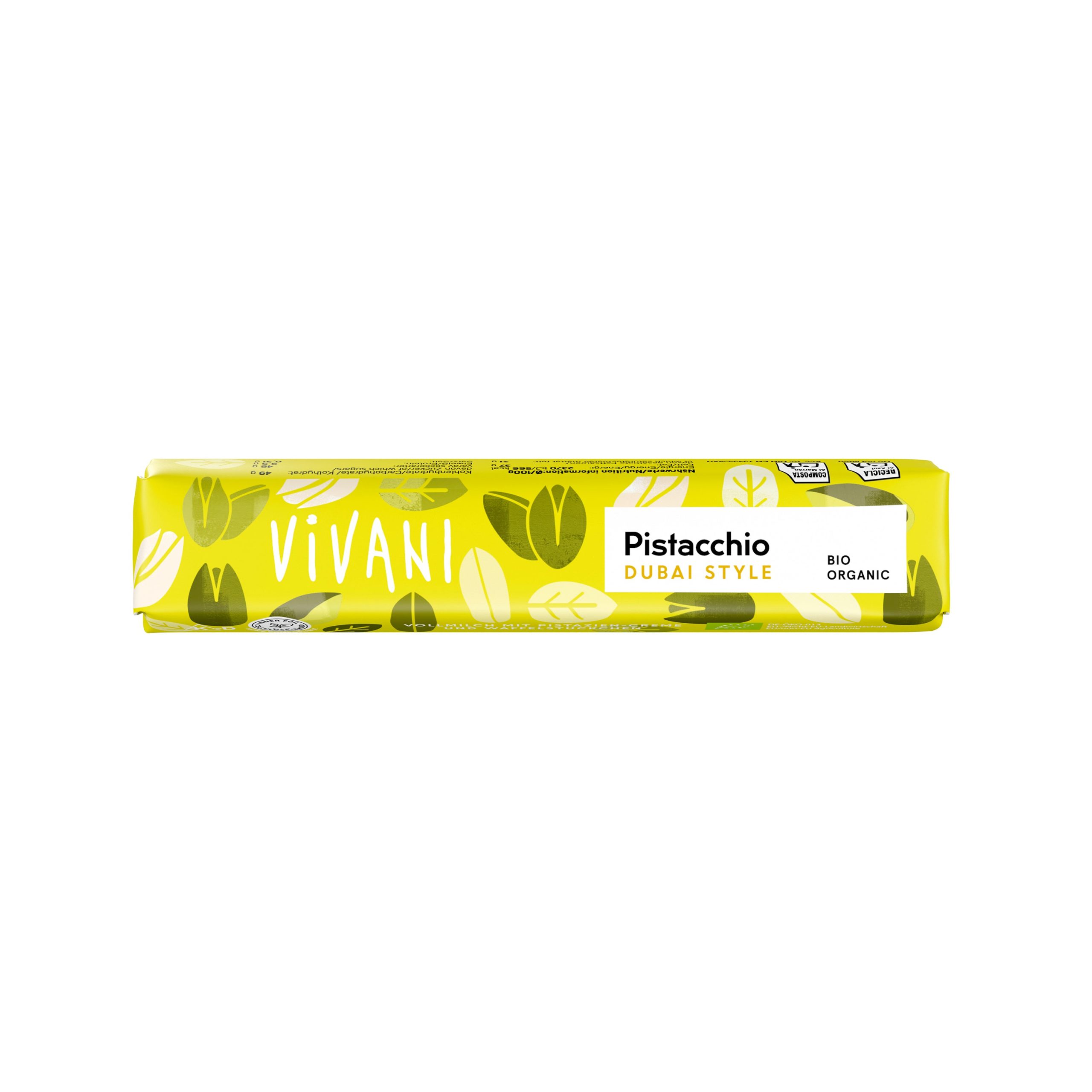 Tyčinka mléčná čokoláda Pistacchio Dubai style 40 g BIO   VIVANI Vivani