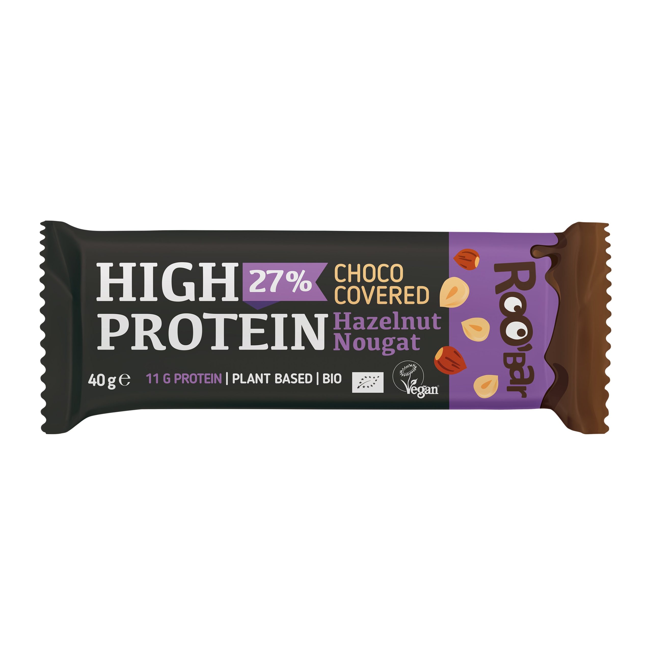 Tyčinka proteinová s nugátem z lískových ořechů v čokoládě veganská 40 g BIO   ROO´BAR Roobar