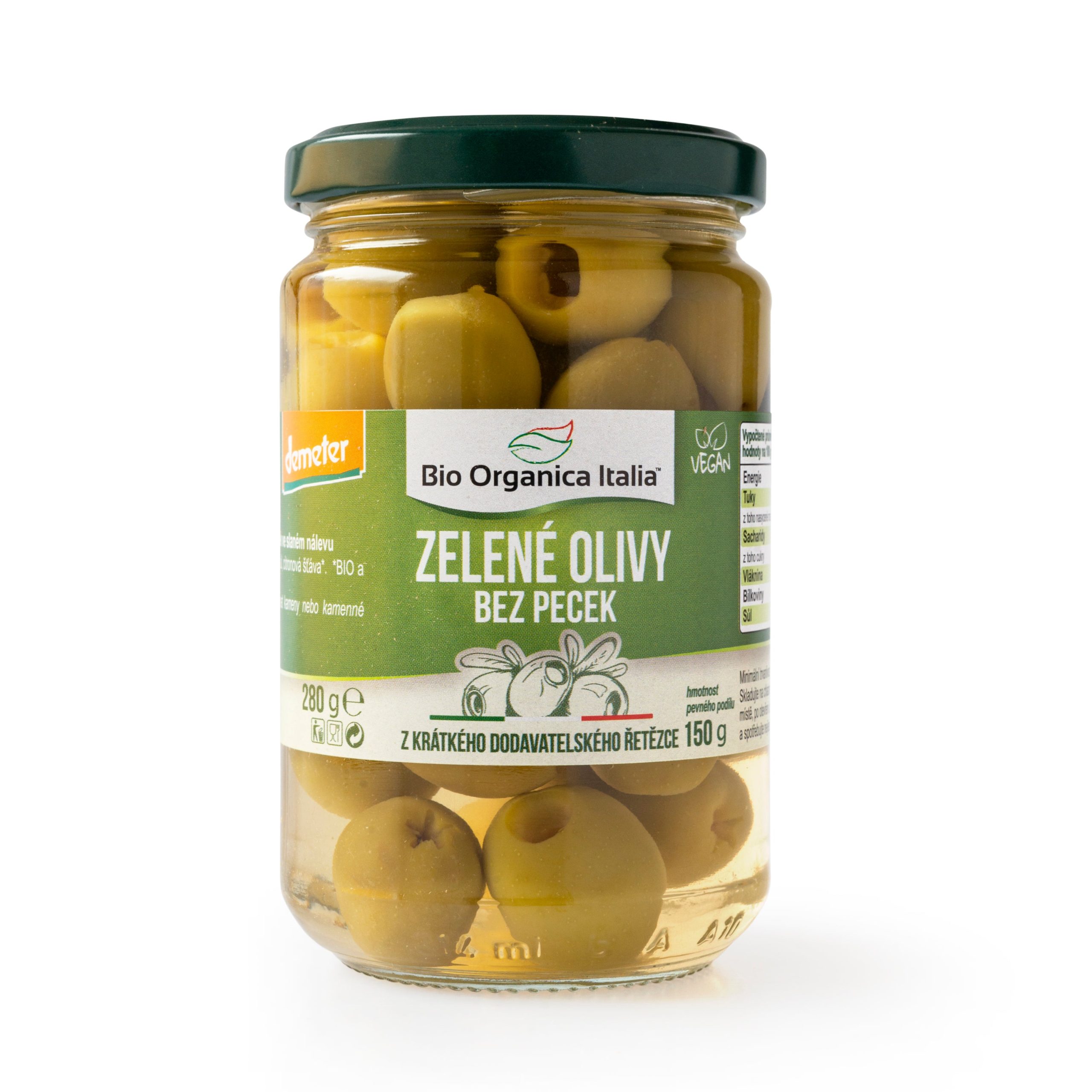 Olivy zelené ve slaném nálevu bez pecek 280 g BIO   BIO ORGANICA ITALIA Bio organica Italia
