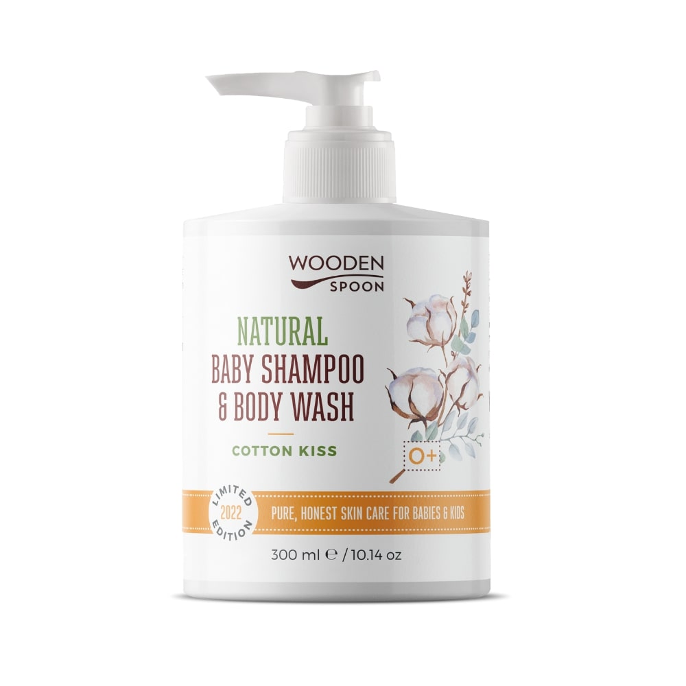 Wooden Spoon Dětský sprchový gel a šampon na vlasy 2v1 Cotton Kiss BIO (300 ml) - zcela přírodní a jemný k dětské pokožce Wooden Spoon