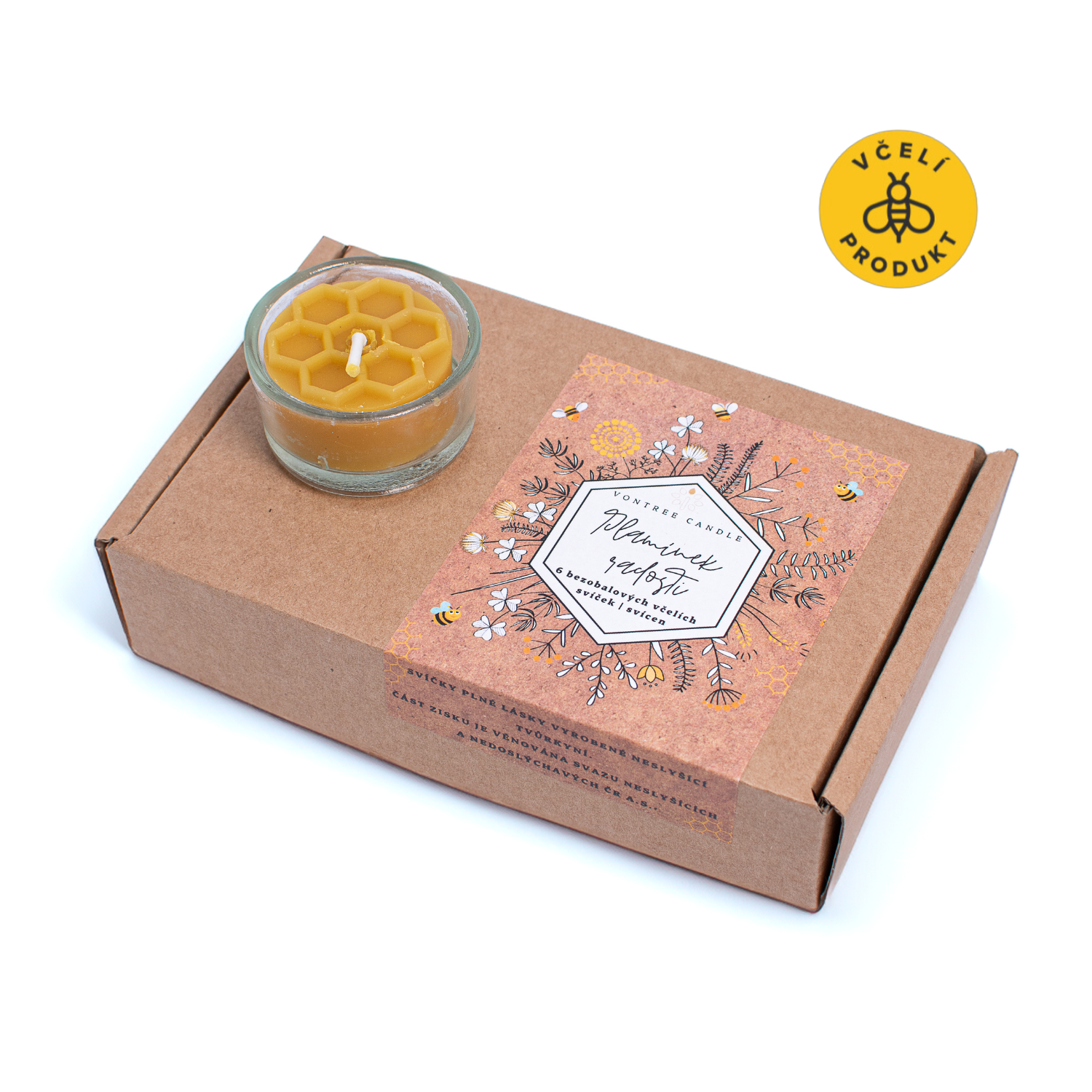 VonTree Candle Sada čajových svíček ze včelího vosku - bezobalová (6 ks) - se skleněným kalíškem VonTree Candle
