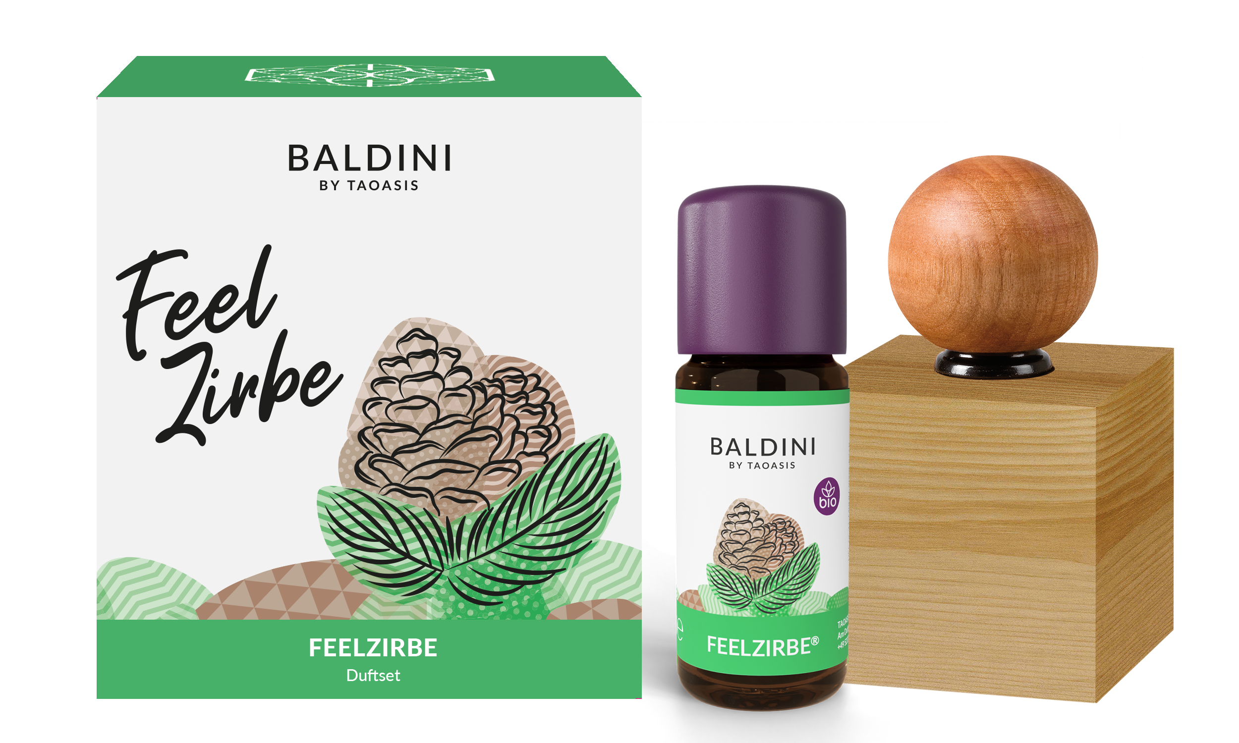 TAOASIS Baldini Aroma set FeelPine BIO (10 ml) - dřevěná dekorace jako difuzér Taoasis