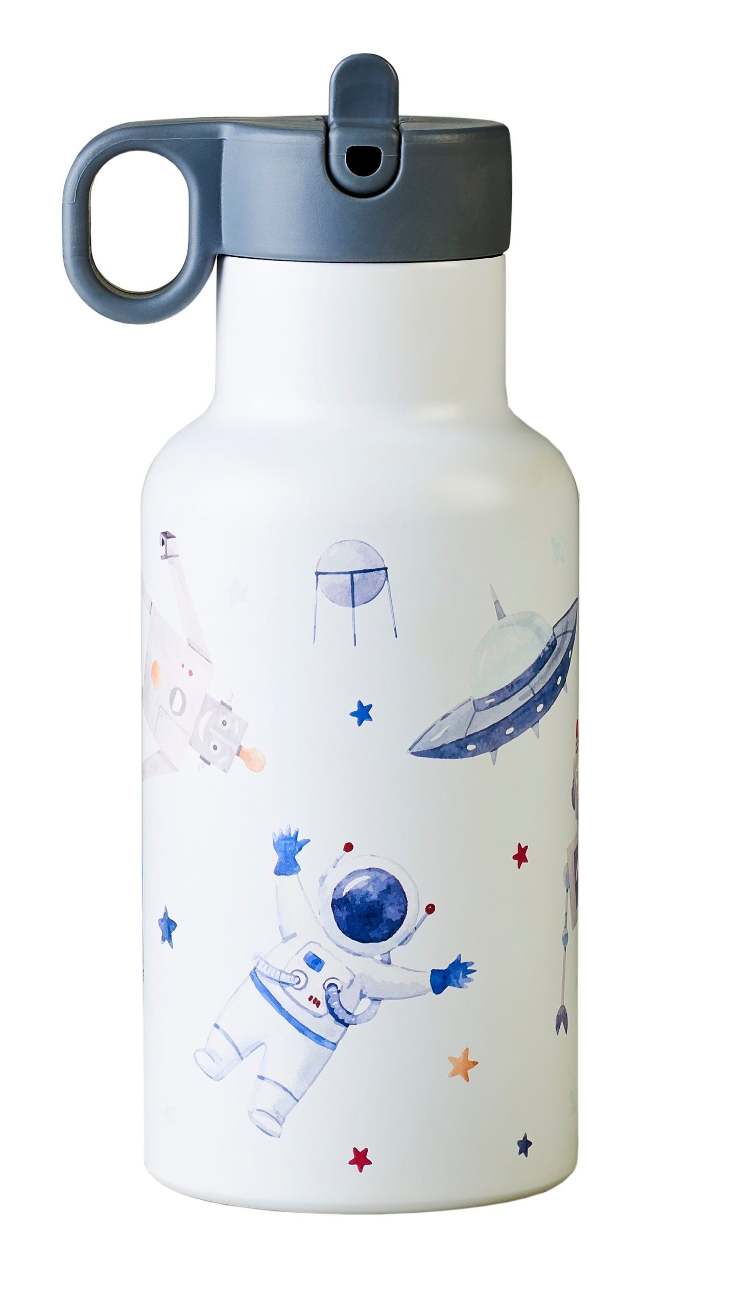 Bioloco Dětská nerezová termolahev s brčkem (350 ml) - Roboti a astronauti - udrží nápoj teplý 10 h / studený 24 h Bioloco