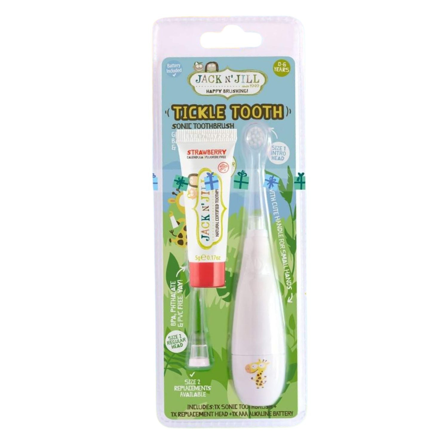Jack n' Jill Dětský sonický zubní kartáček Tickle Tooth + zubní pasta - jahoda (5 g) - s náhradní hlavicí