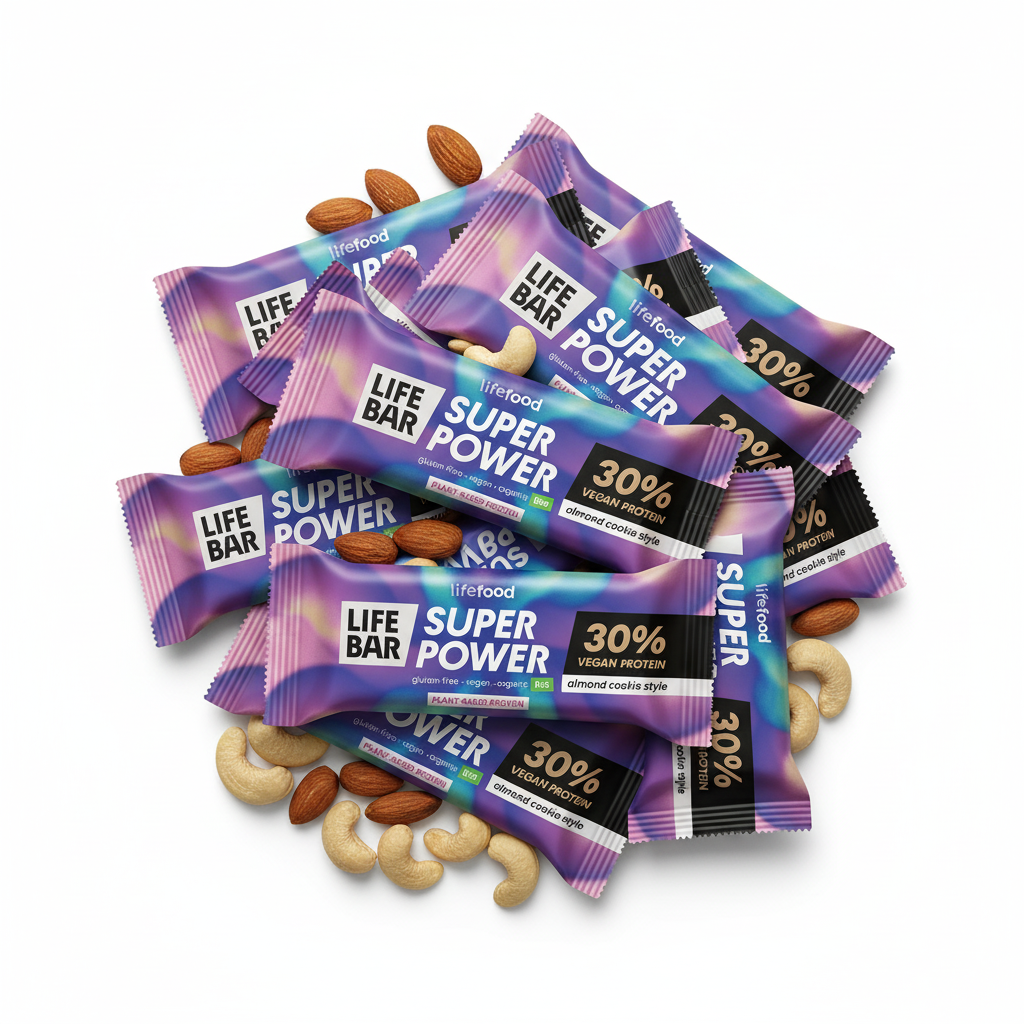 Lifefood Zvýhodněná sada 13 + 2 tyčinky zdarma - Lifebar mandlová Super Power BIO (15 x 40 g) - s vysokým obsahem proteinu Lifefood