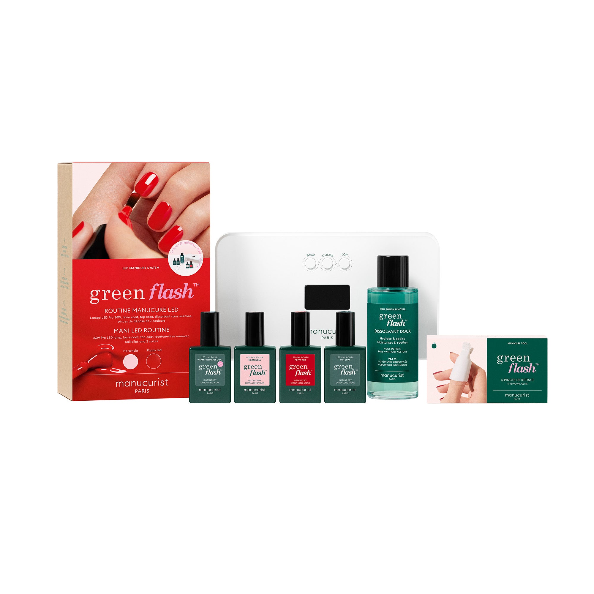 Manucurist Dárková sada Green Flash LED Kit 36W - Poppy Red a Hortencia - domácí nehtové studio Manucurist