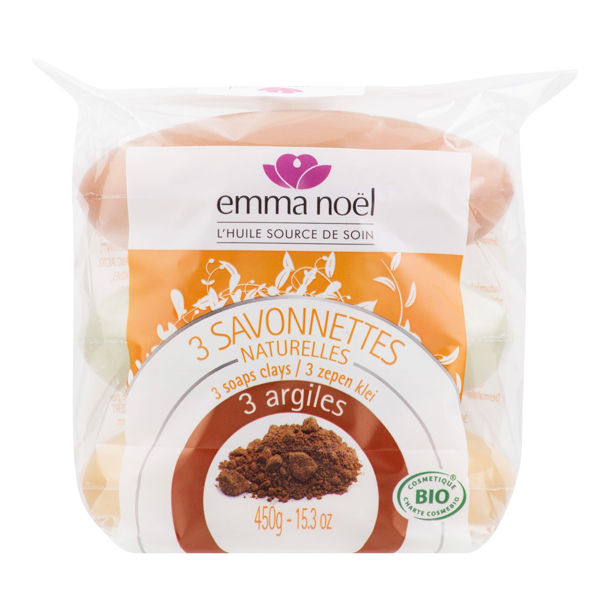 Mýdla rostlinná — obohacená o 3 druhy jílu 3x150 g BIO   EMMA NOËL Emma Noël