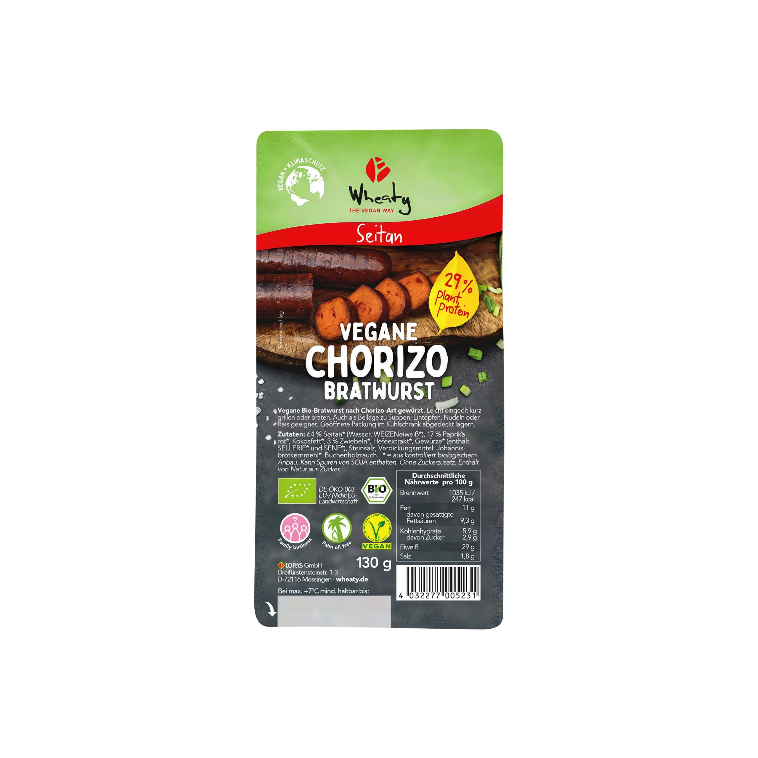 Klobása seitan s příchutí chorizo 130 g BIO   WHEATY Wheaty
