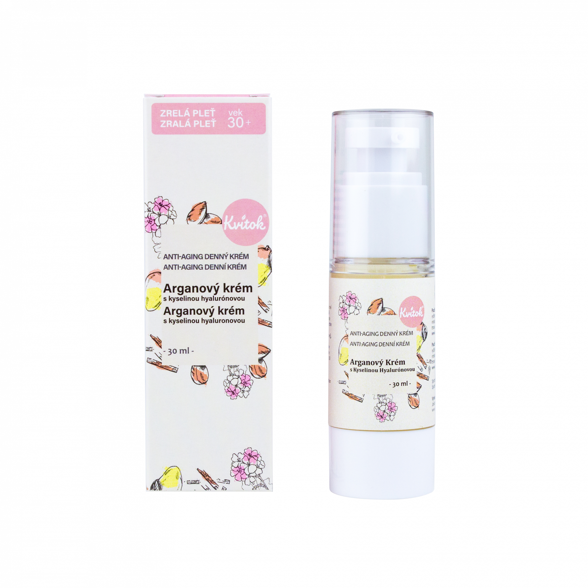 Kvitok Denní arganový krém pro zralou pleť 30+ - vzorek (2 ml) - s kyselinou hyaluronovou Kvitok