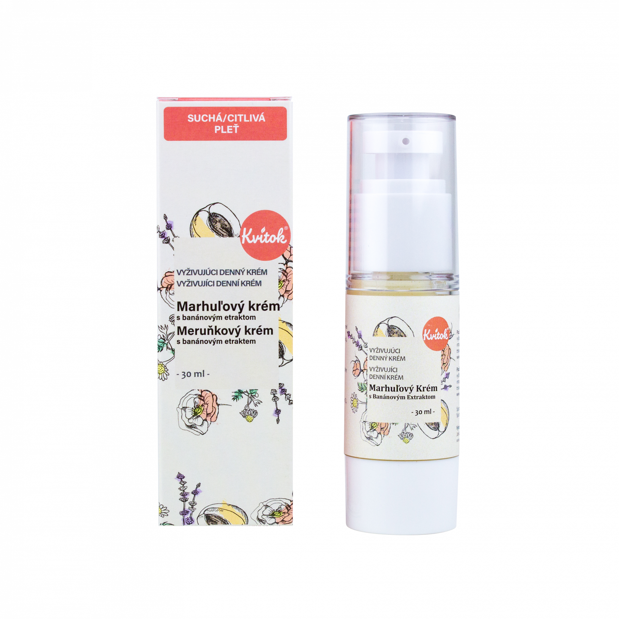 Kvitok Denní meruňkový krém pro citlivou pleť (30 ml) - pošk. obal - zmírňuje podráždění a zčervenání pleti Kvitok