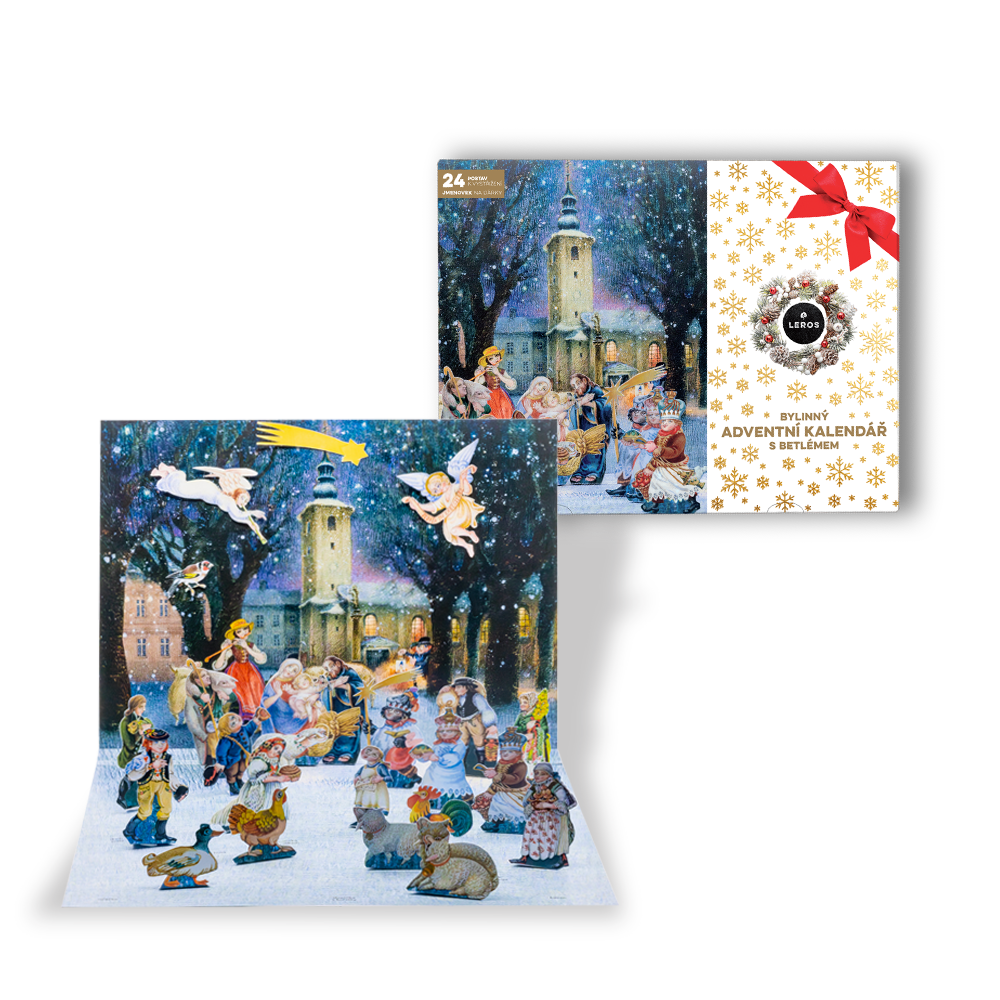 LEROS Bylinný adventní kalendář (24 nálev. sáčků) - Betlém - pošk. obal - malované figurky a jmenovky na dárky LEROS