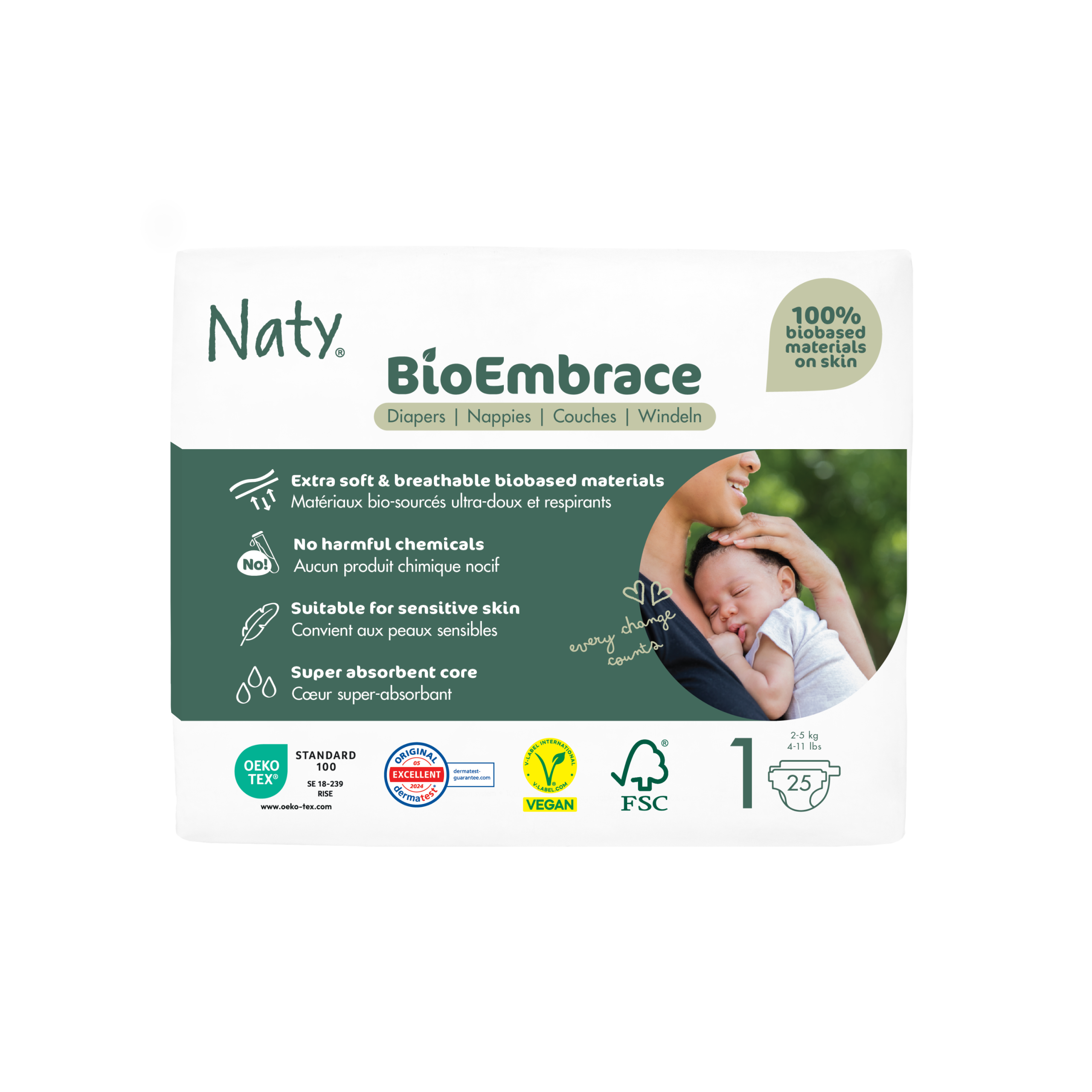 Naty BioEmbrace Ekoplenky pro novorozence - vel. 1 (2 - 5 kg) (25 ks) - s vylepšenou funkčností Naty