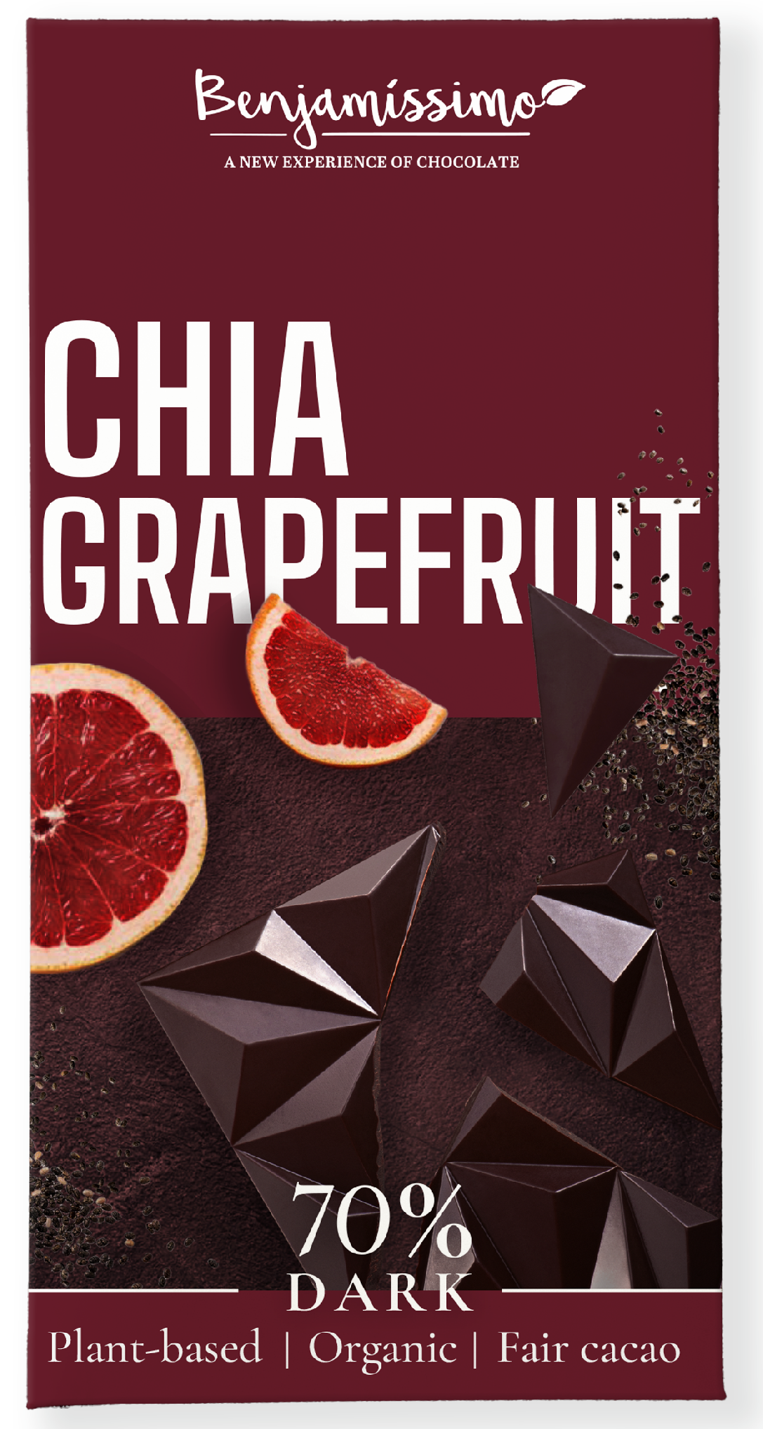 Benjamíssimo Tmavá čokoláda 70% Chia & grapefruit BIO (60 g) - nevšední kombinace chutí Benjamíssimo