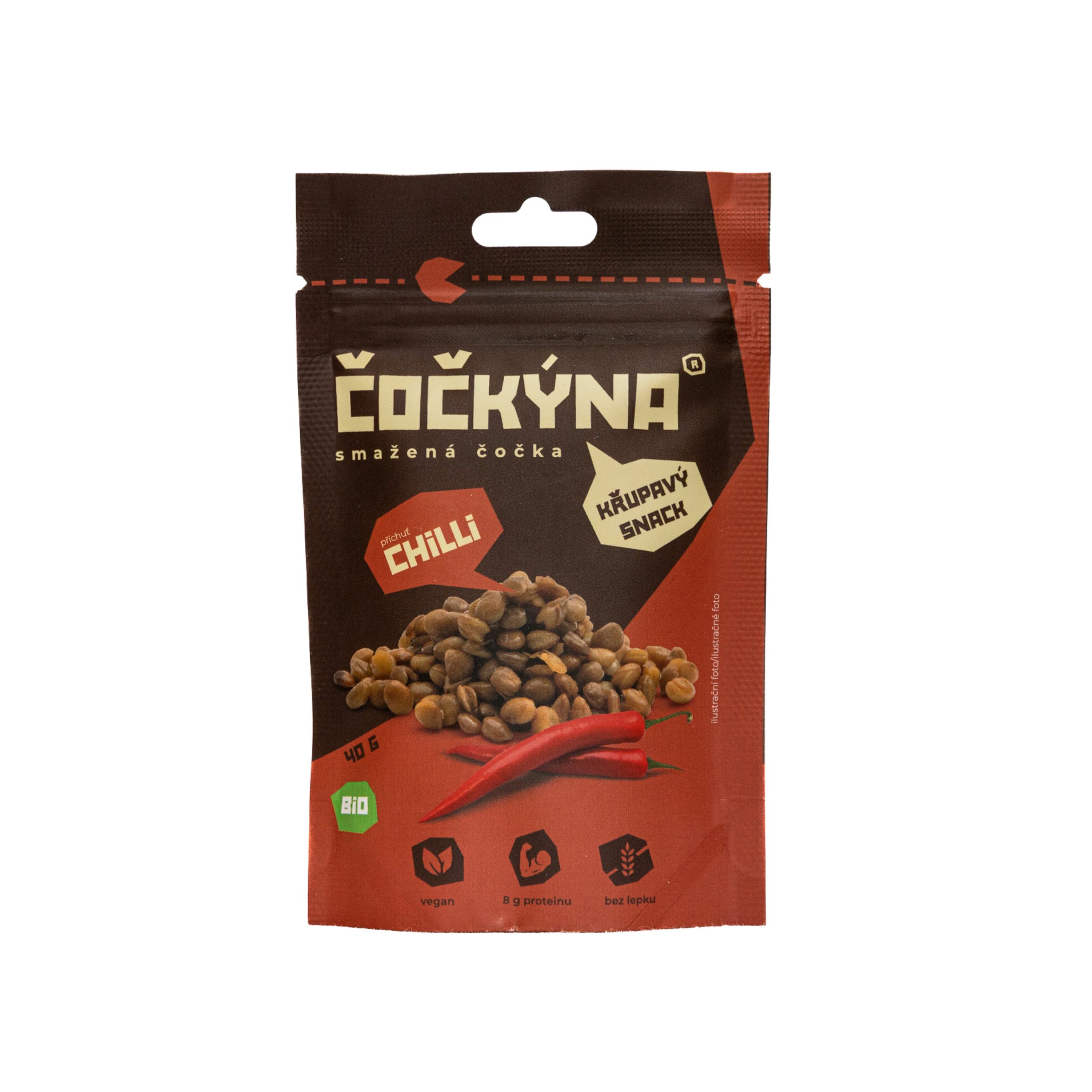Čočkýna Čočka smažená - chilli BIO (40 g) - křupavá svačinka i lehce pikantní dochucovadlo Čočkýna