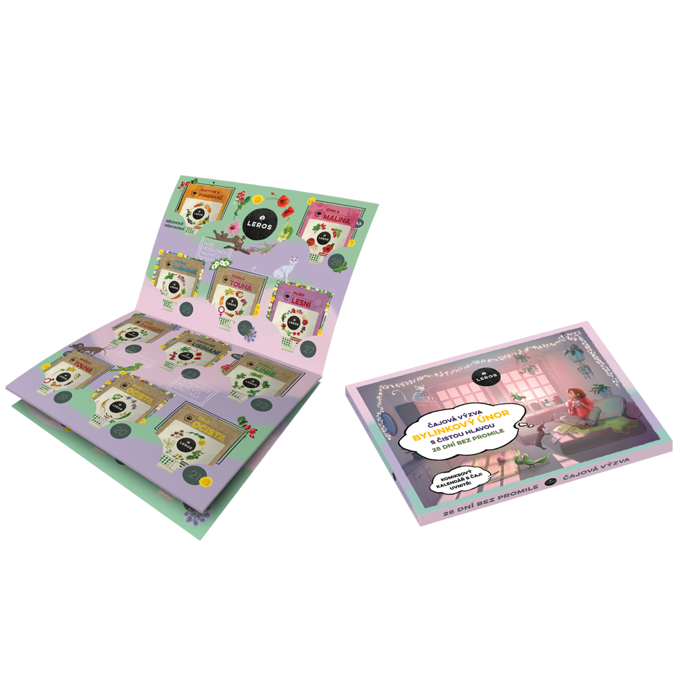 LEROS Čajový kalendář (28 + 1 nálev. sáčků) - Bylinkový únor s čistou hlavou - pošk. obal - kalendář s komiksovým příběhem LEROS