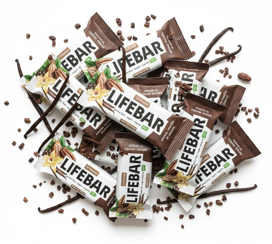 Lifefood Zvýhodněná sada 13 + 2 tyčinky zdarma - Lifebar InChoco vanilková s kakaovými boby RAW BIO (15 x 40 g) - nutričně bohaté svačinky Lifefood