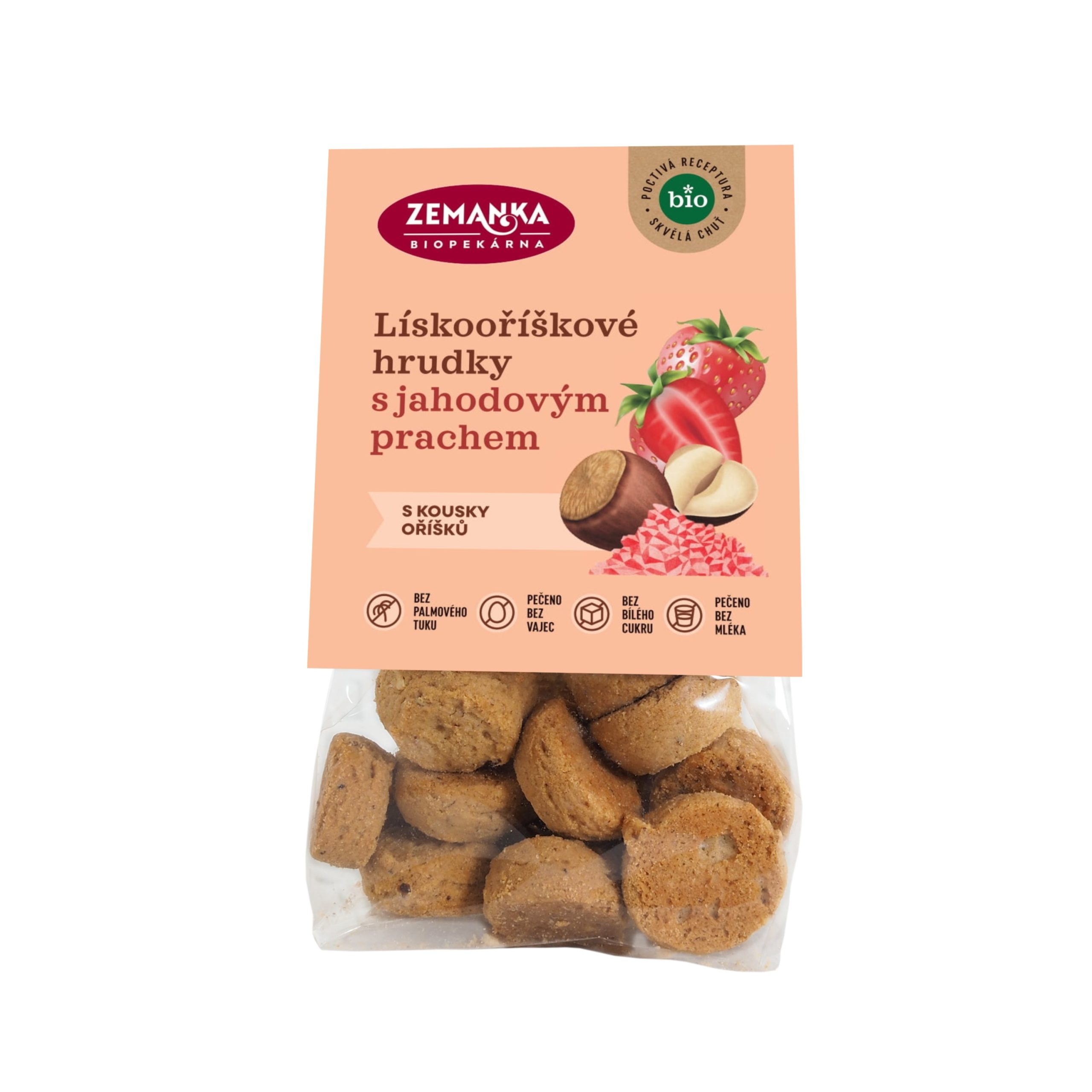 Zemanka Hrudky lískooříškové s jahodovým prachem BIO (100 g) - veganské mlsání bez palmáče Biopekárna Zemanka
