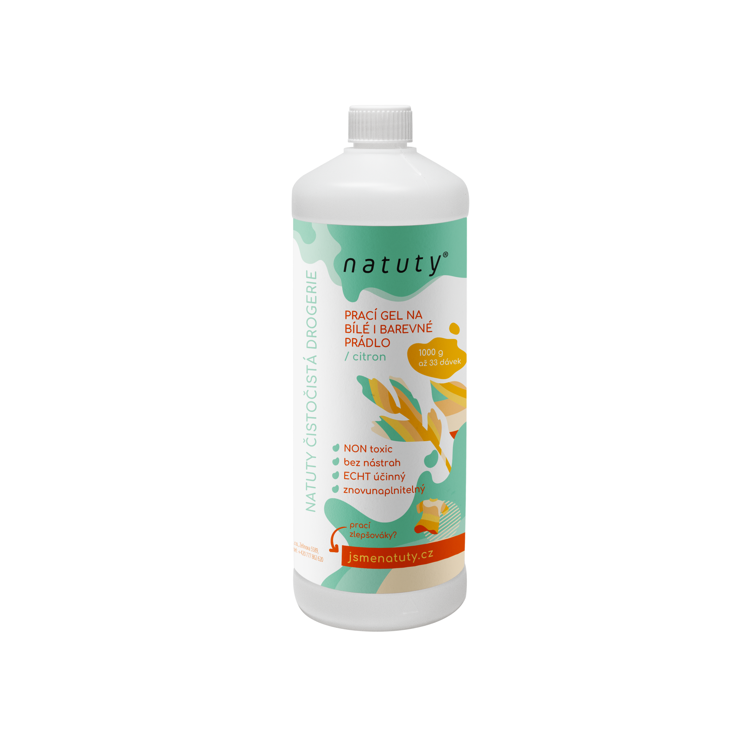 Natuty Prací gel na bílé i barevné prádlo s vůní citronu (1 l) - 33 pracích dávek v 1 litru Natuty