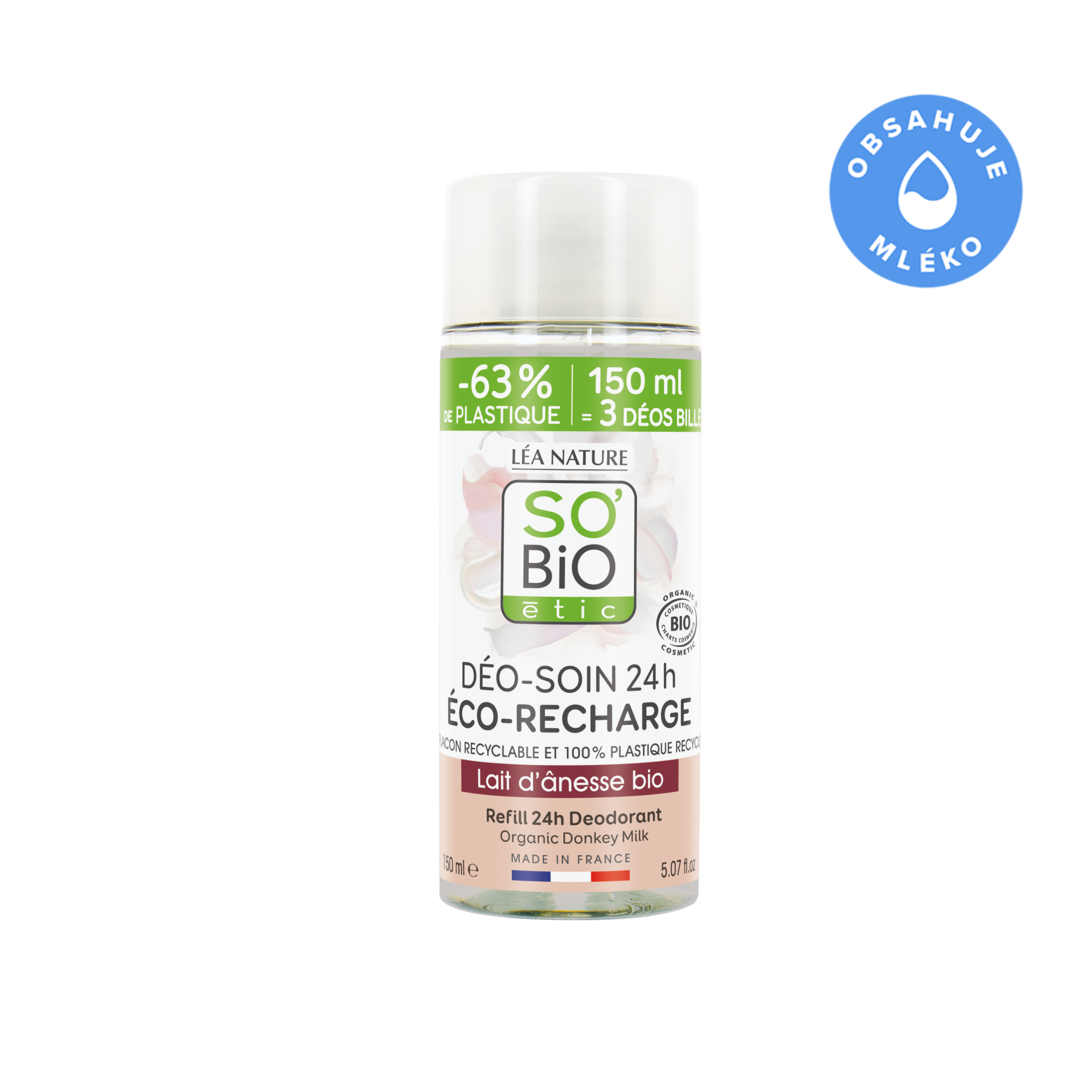 SO’BiO étic Náplň do deodorantu roll-on 24h hydratačního s oslím mlékem BIO (150 ml) - jedna náplň nahradí tři roll-ony SO’BiO étic