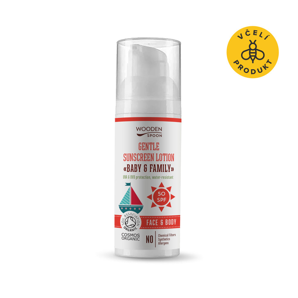 Wooden Spoon Opalovací tělové mléko Baby & Family SPF 50 BIO (50 ml) - voděodolné