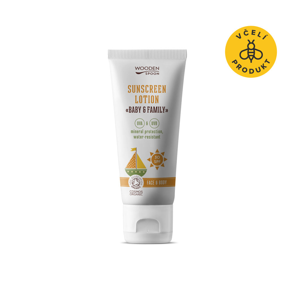 Wooden Spoon Opalovací tělové mléko v tubě Baby & Family SPF 30 BIO - 100 ml - voděodolné
