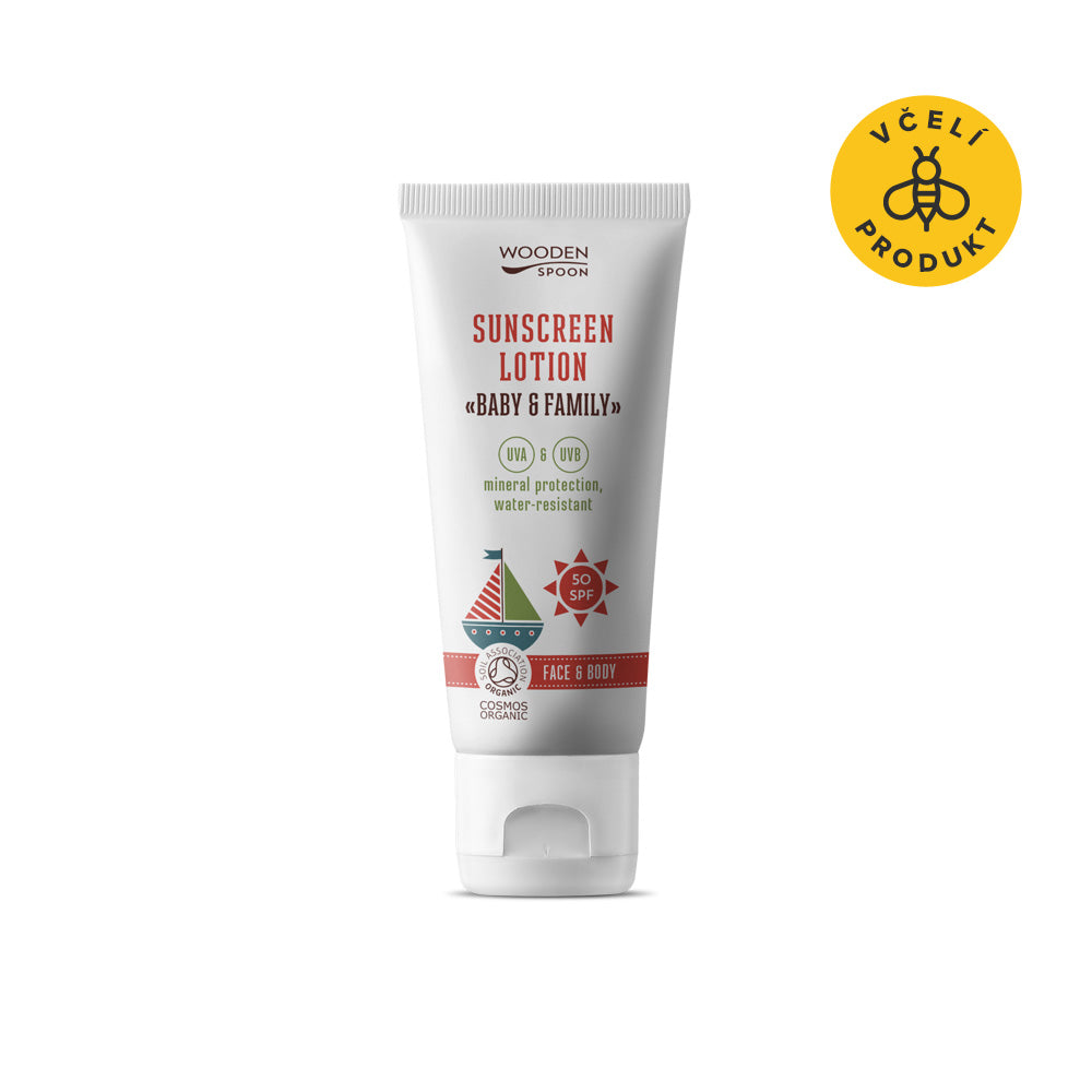 Wooden Spoon Opalovací tělové mléko v tubě Baby & Family SPF 50 BIO - 100 ml - voděodolné