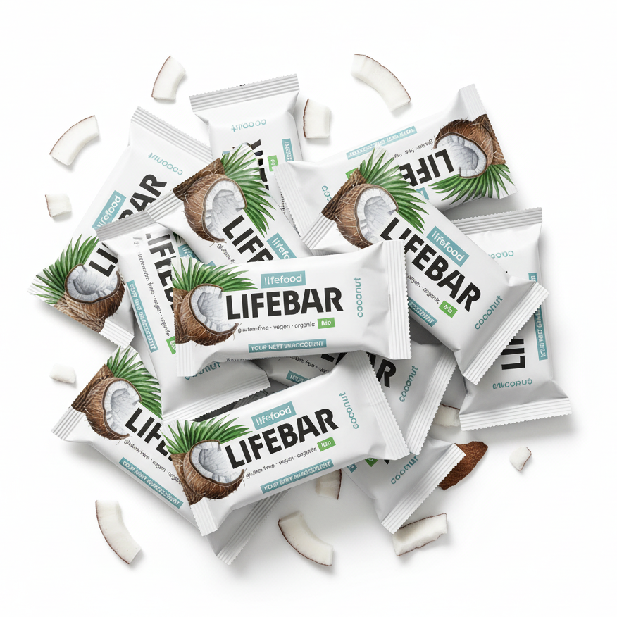 Lifefood Zvýhodněná sada 13 + 2 tyčinky mini zdarma - Lifebar kokosová RAW BIO (15 x 25 g) - malé svačinky do kapsy Lifefood