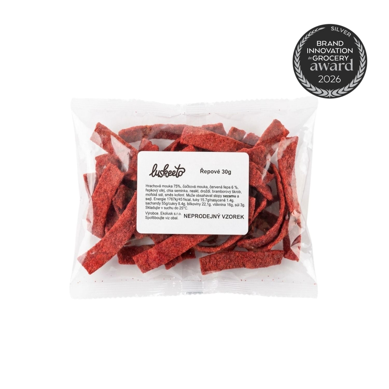 Luskeeto Krekry luštěninové s červenou řepou - vzorek (30 g) - bezlepkový snack plný bílkovin Luskeeto