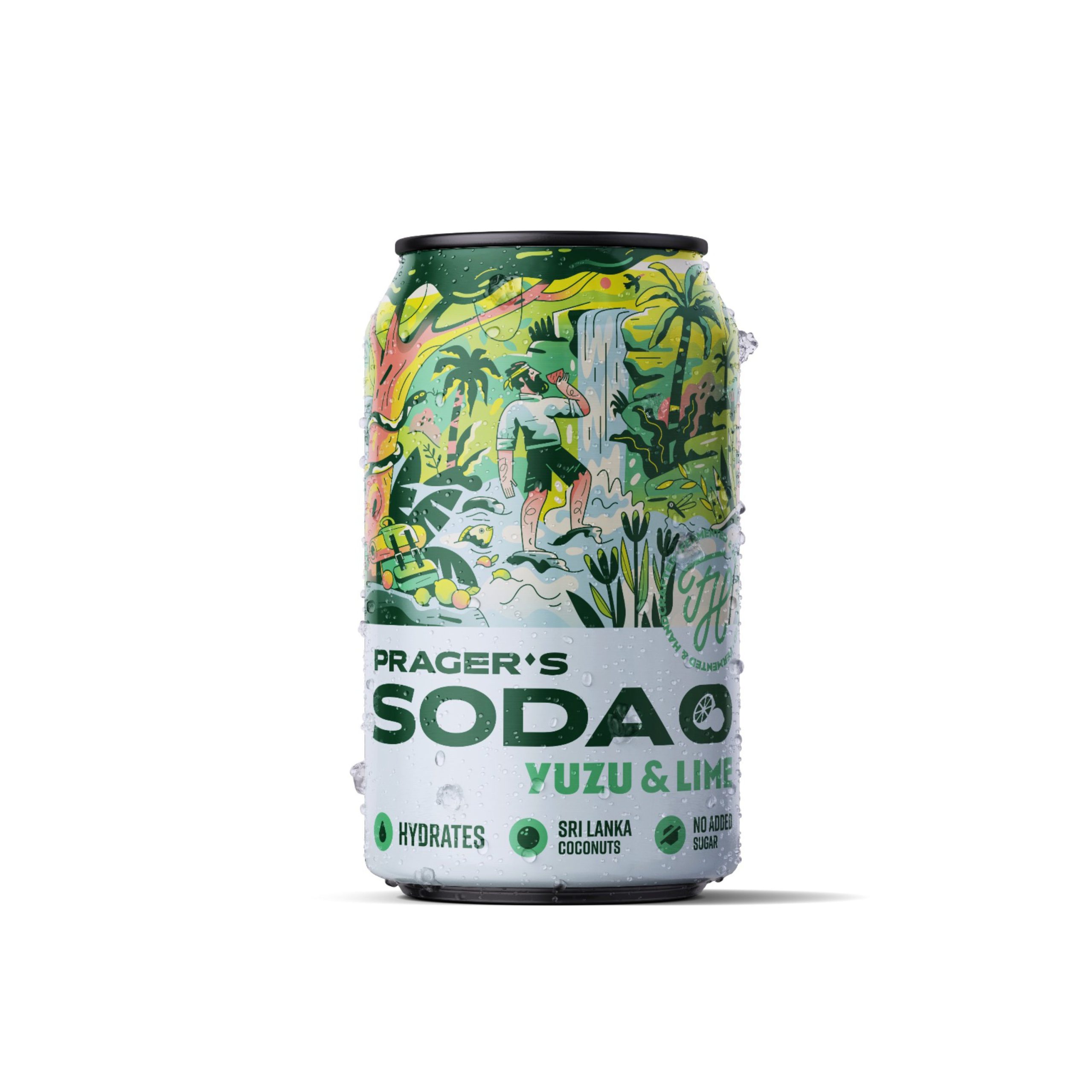 PRAGER'S Soda Yuzu a limeta plech (330 ml) - fermentovaná kokosová voda s příchutí PRAGER’S