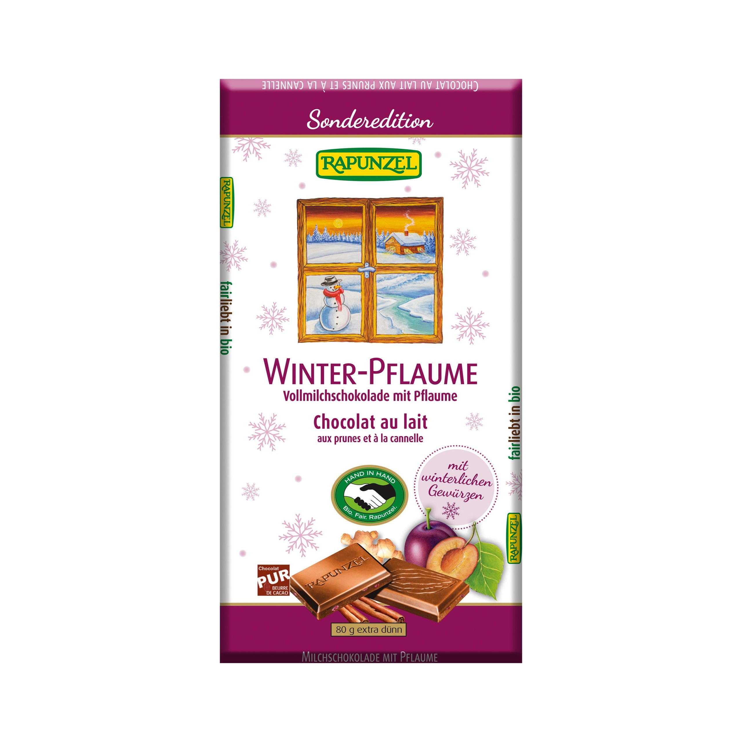 Rapunzel Čokoláda mléčná zimní se švestkami BIO (80 g) - zahřeje na duši i chuťové pohárky Rapunzel