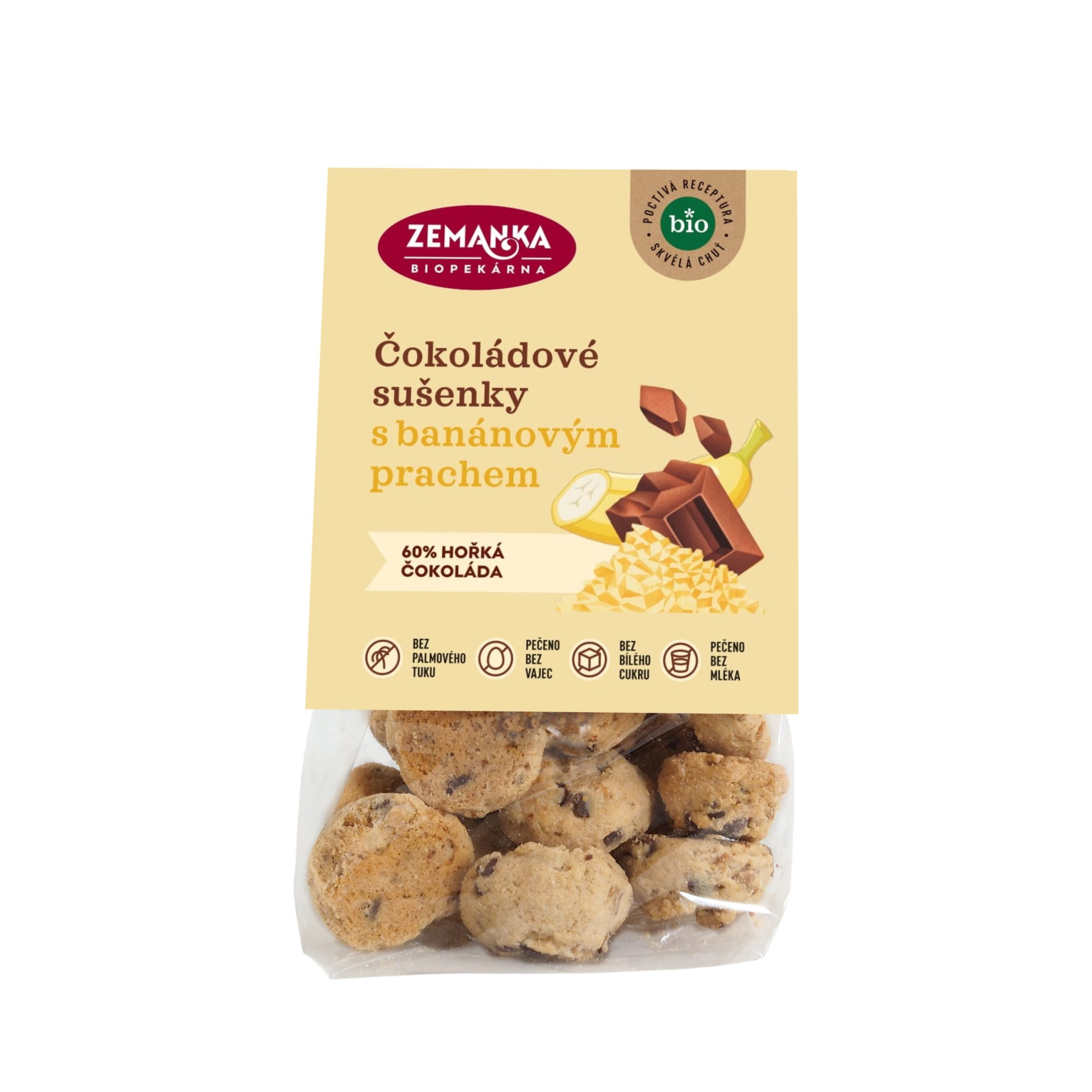 Zemanka Sušenky s čokoládou a banánovým prachem BIO (100 g) - veganské mlsání slazené třtinovým cukrem Biopekárna Zemanka