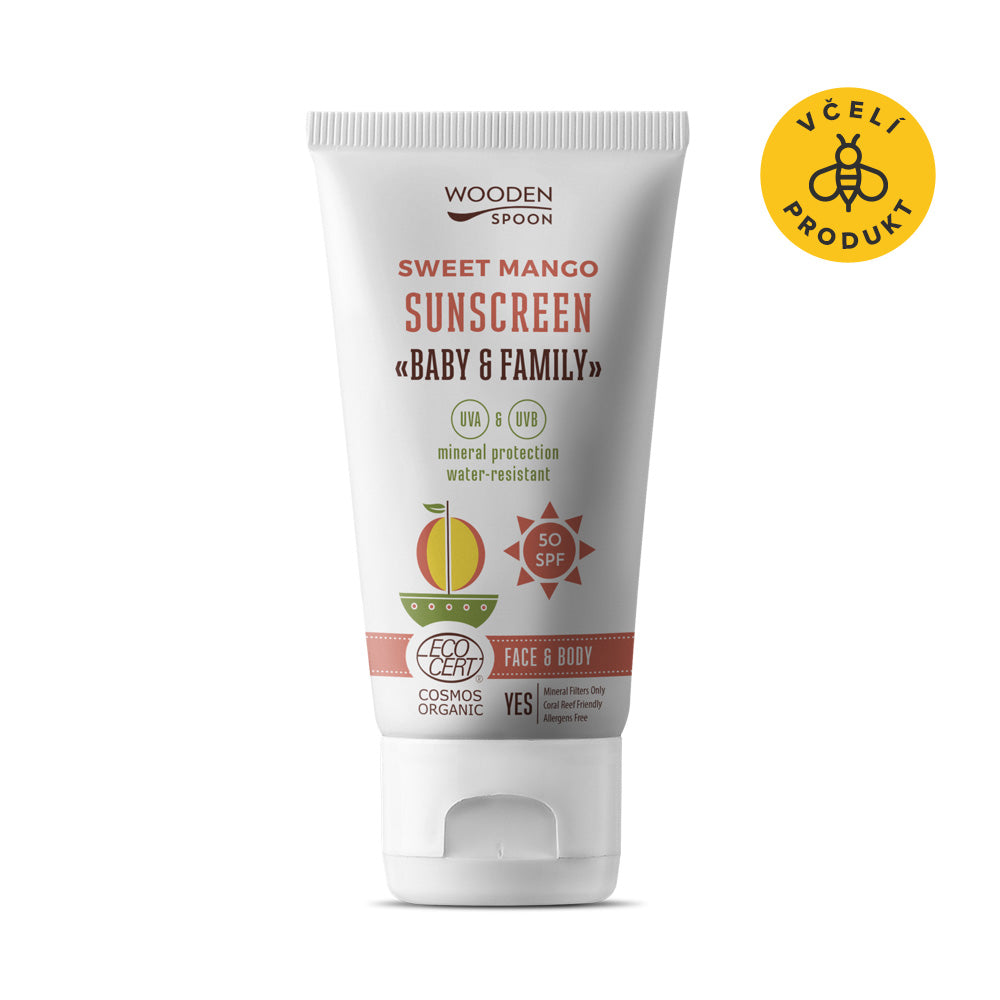 Wooden Spoon Opalovací tělové mléko Mango Baby & Family SPF 50 BIO - 150 ml - voděodolné