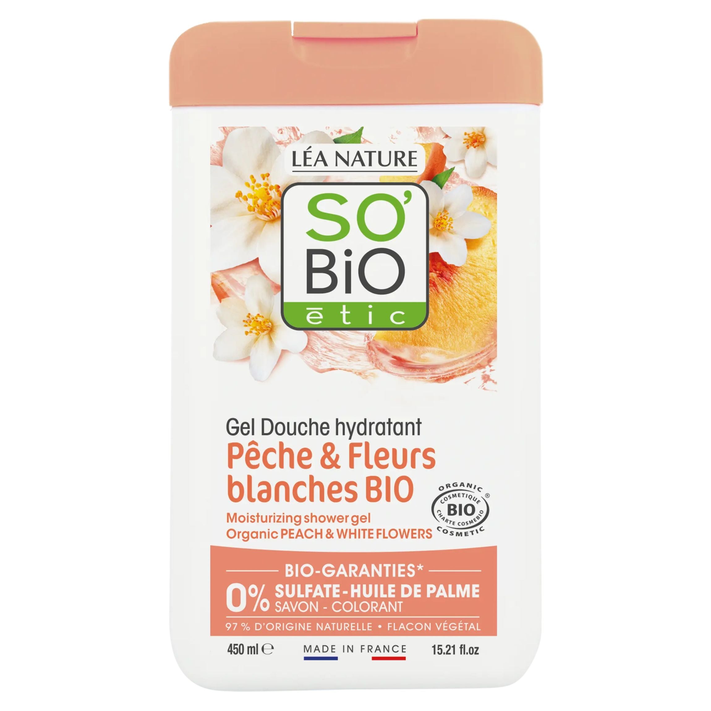 SO’BiO étic Gel sprchový s broskví a bílými květy BIO (450 ml) - se sladkou květinovou vůní SO’BiO étic