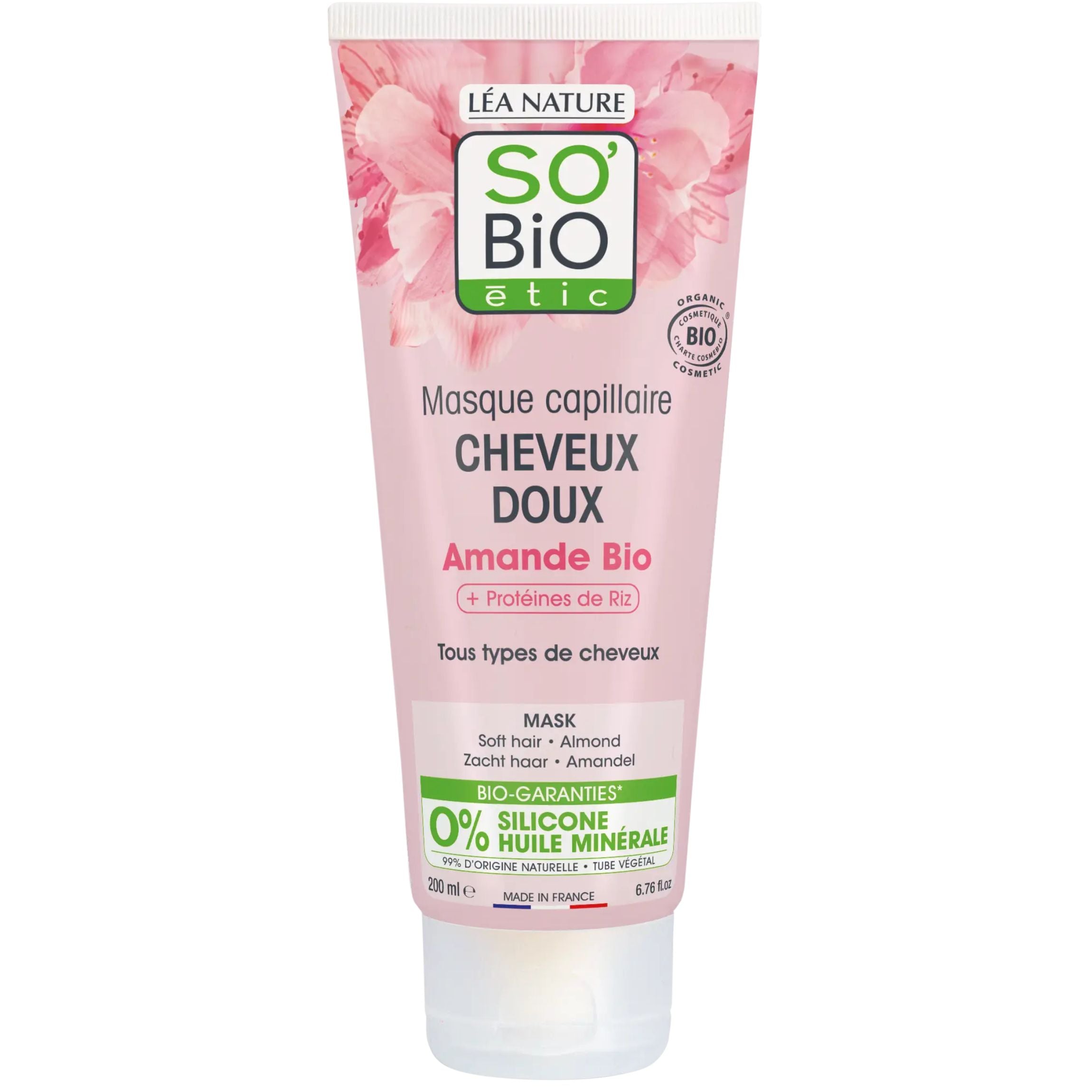 SO’BiO étic Maska a péče bezoplachová 2v1 s mandlovým mlékem a rýžovými proteiny BIO (200 ml) - pro všechny typy vlasů SO’BiO étic