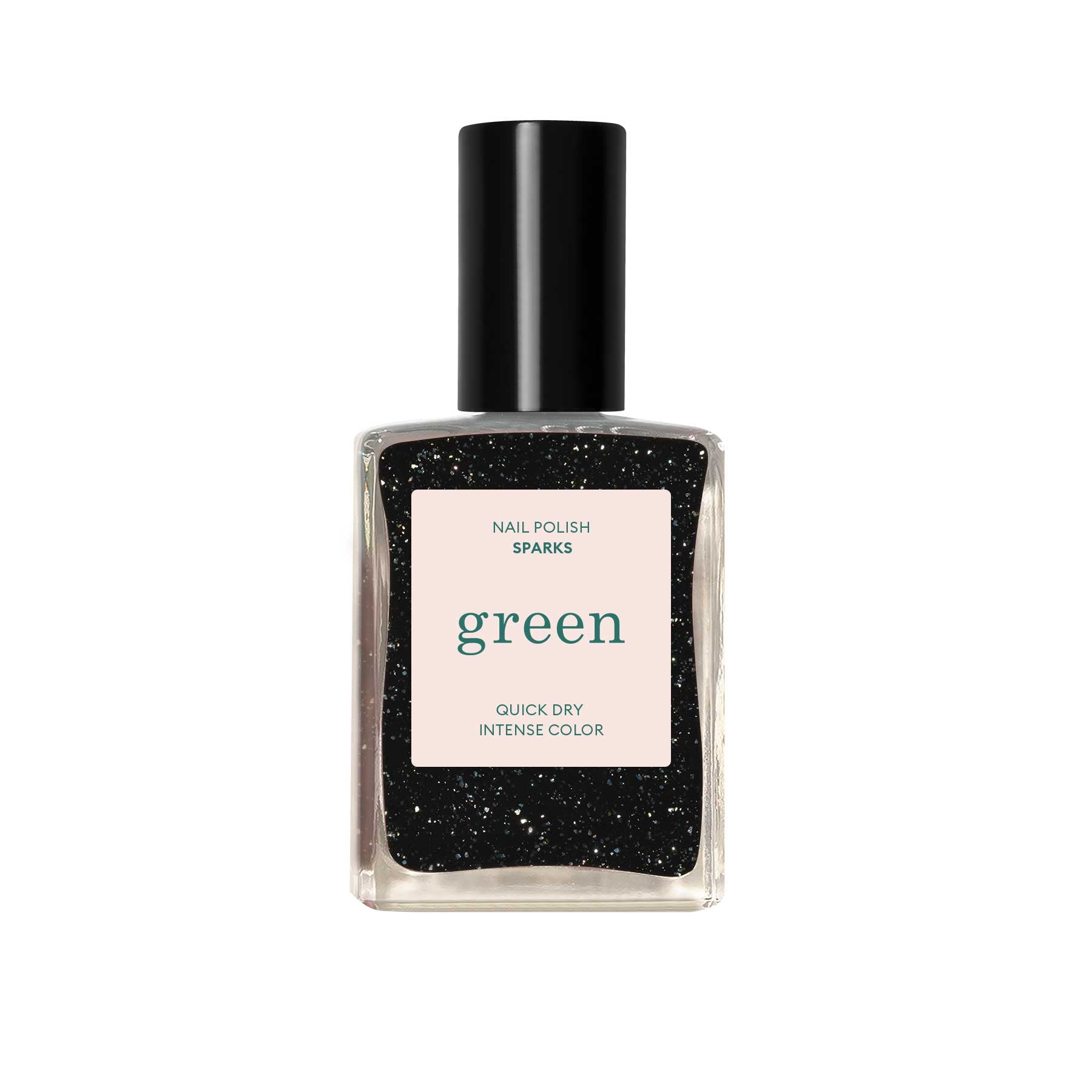 Manucurist Green schnoucí lak na nehty - Sparks (15 ml) - černá barva se stříbrným třpytem Manucurist