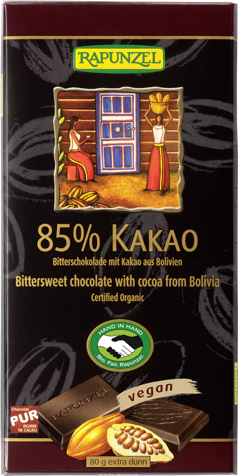 Rapunzel Tmavá čokoláda 85% BIO (80 g) - trpce hořká díky kakaovým bobů z bolívie Rapunzel