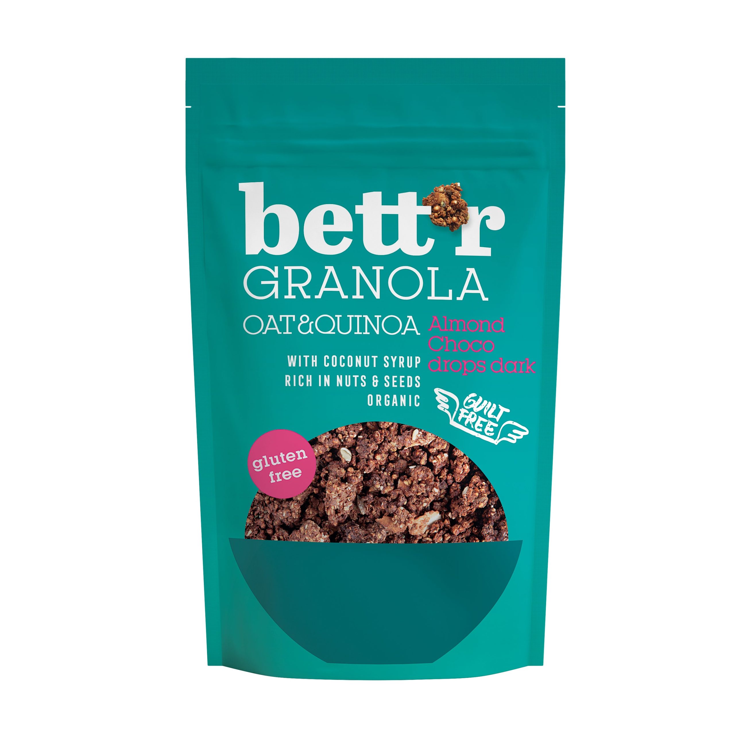 Bett´r Granola s mandlemi a čokoládovými pecičkami bezlepková BIO (300 g) - s kvalitní hořkou čokoládou BETT'R