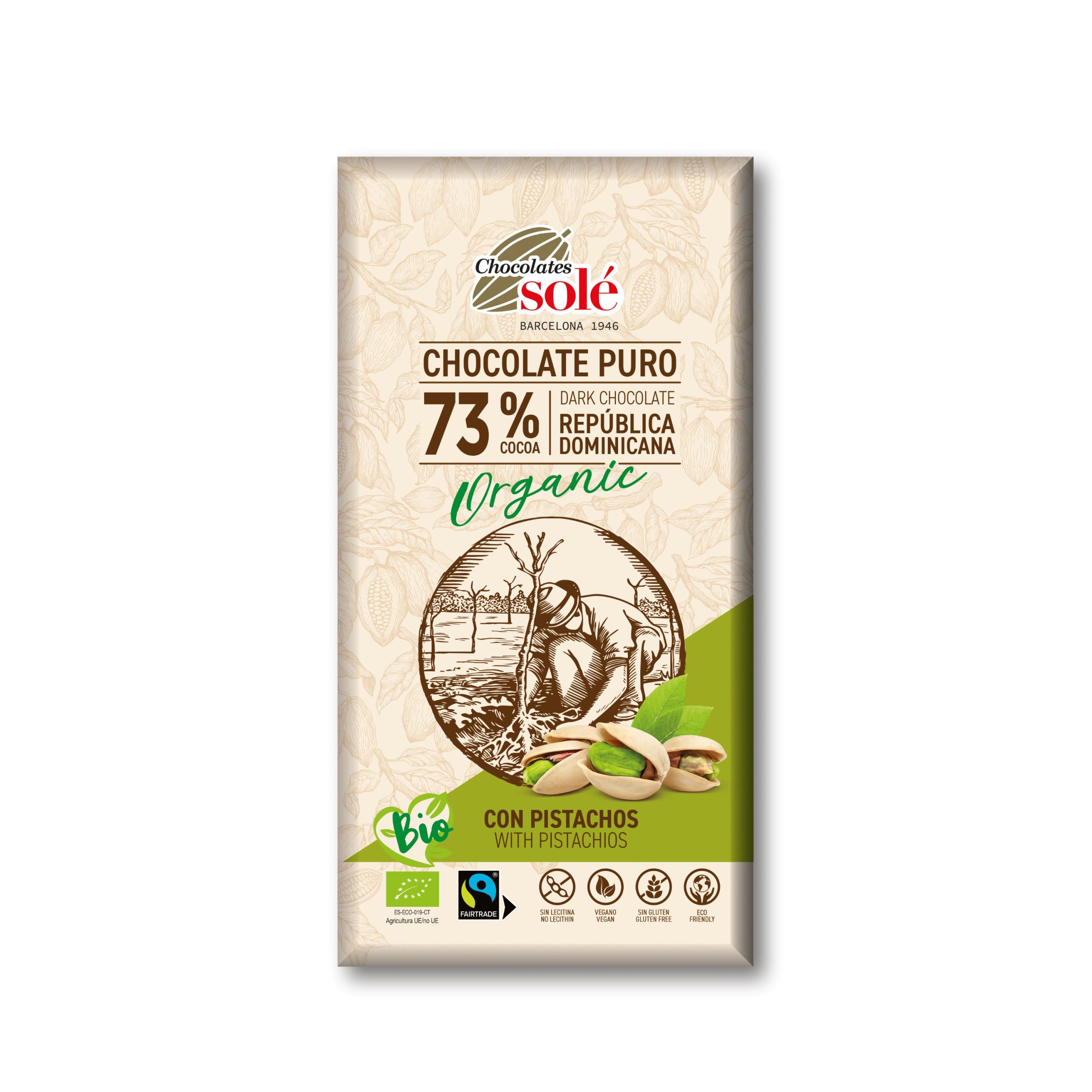 Čokoláda hořká 73 % s pistáciemi 135 g BIO   SOLÉ SOLÉ